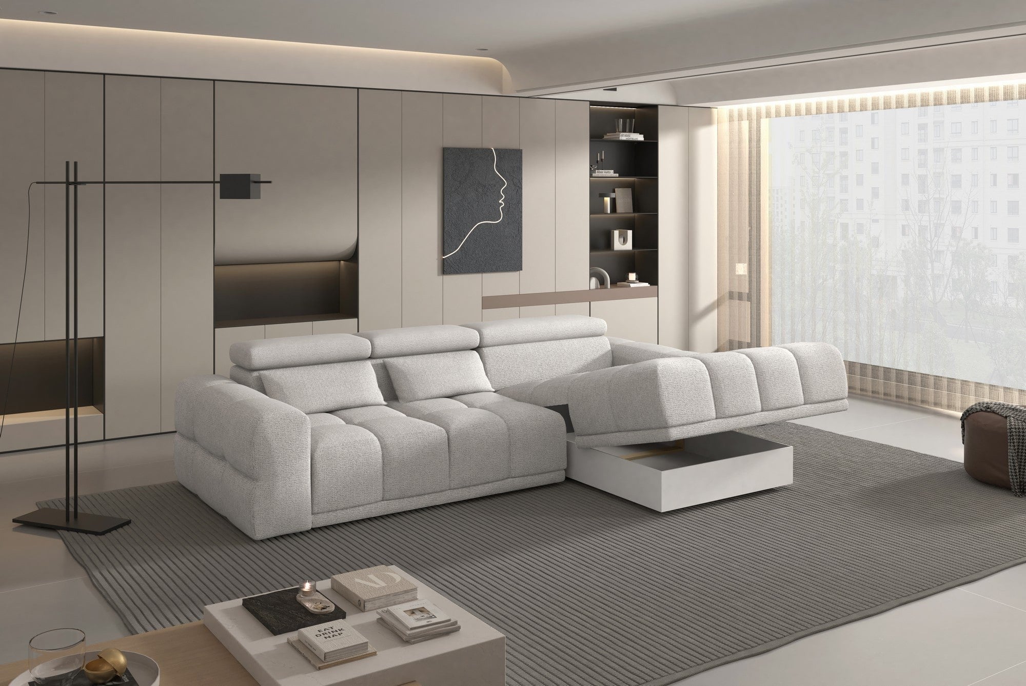 Coltar PANAMA BOX S, personalizabil materiale Gama Oferta Avantaj, cu lada depozitare si reglaj electric, 290x188x98 cm