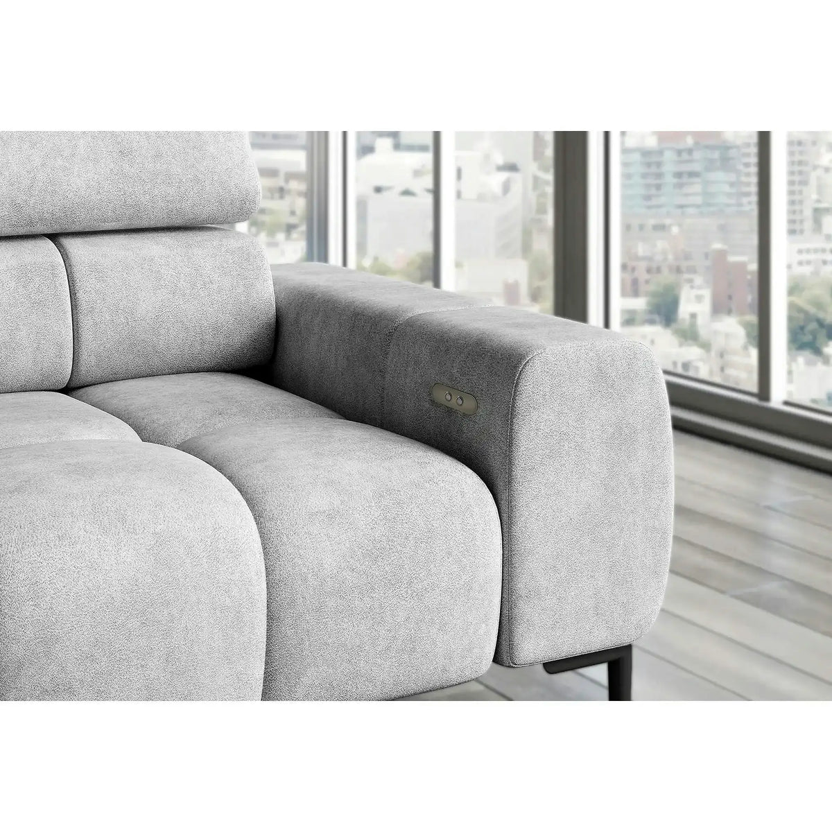 Coltar PLAZA L, personalizabil, cu reglaj electric si tetiere reglabile, 300x216x99 cm