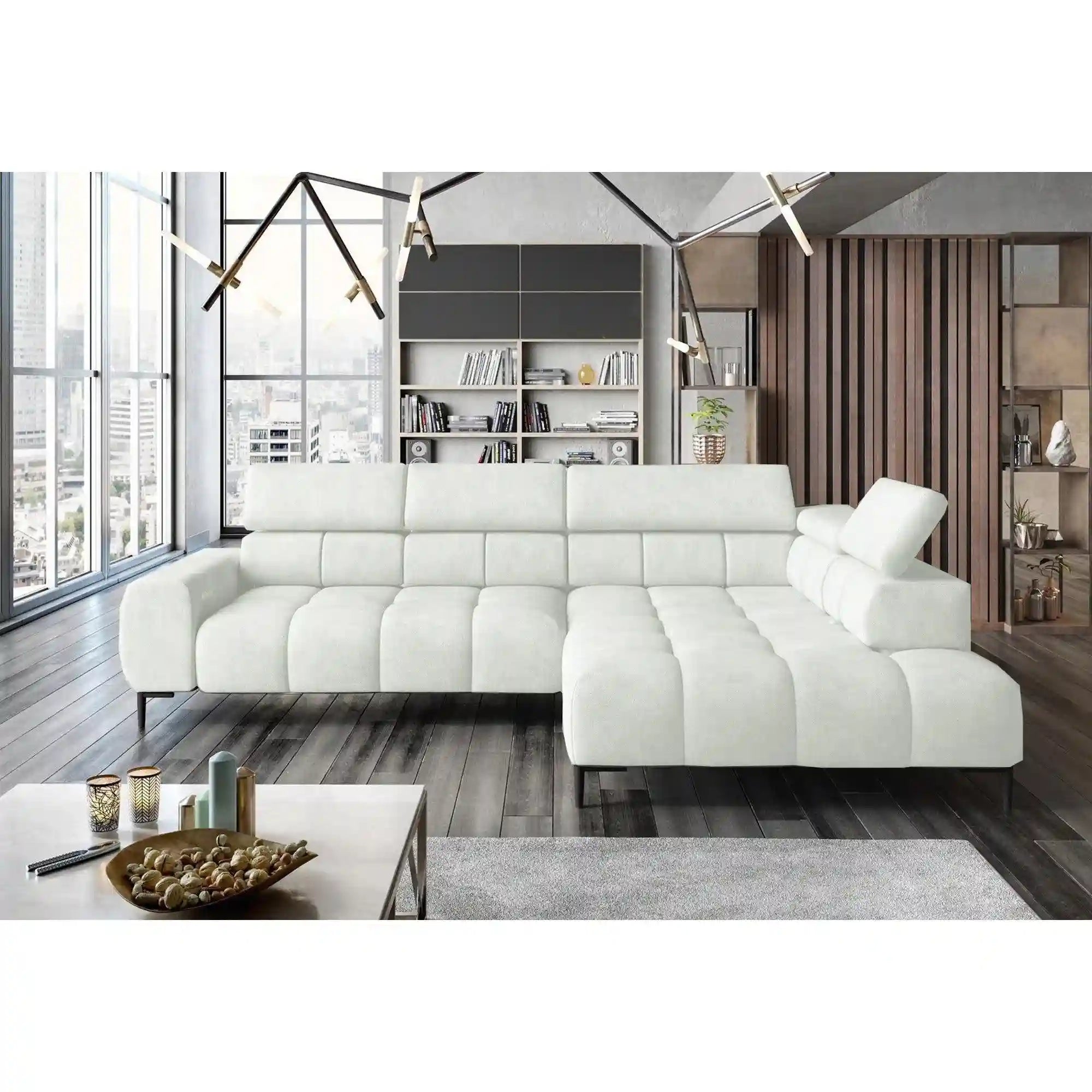 Coltar PLAZA L, personalizabil materiale gama Oferta Avantaj, cu reglaj electric si tetiere reglabile, 300x216x99 cm