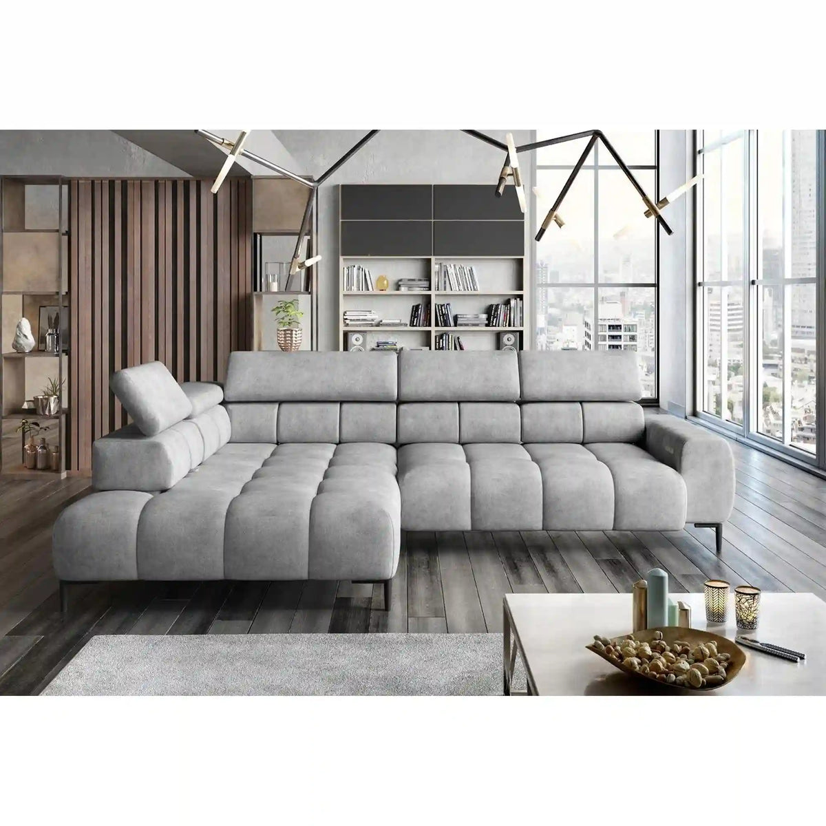 Coltar PLAZA L, personalizabil materiale gama Premium, cu reglaj electric si tetiere reglabile, 300x216x99 cm