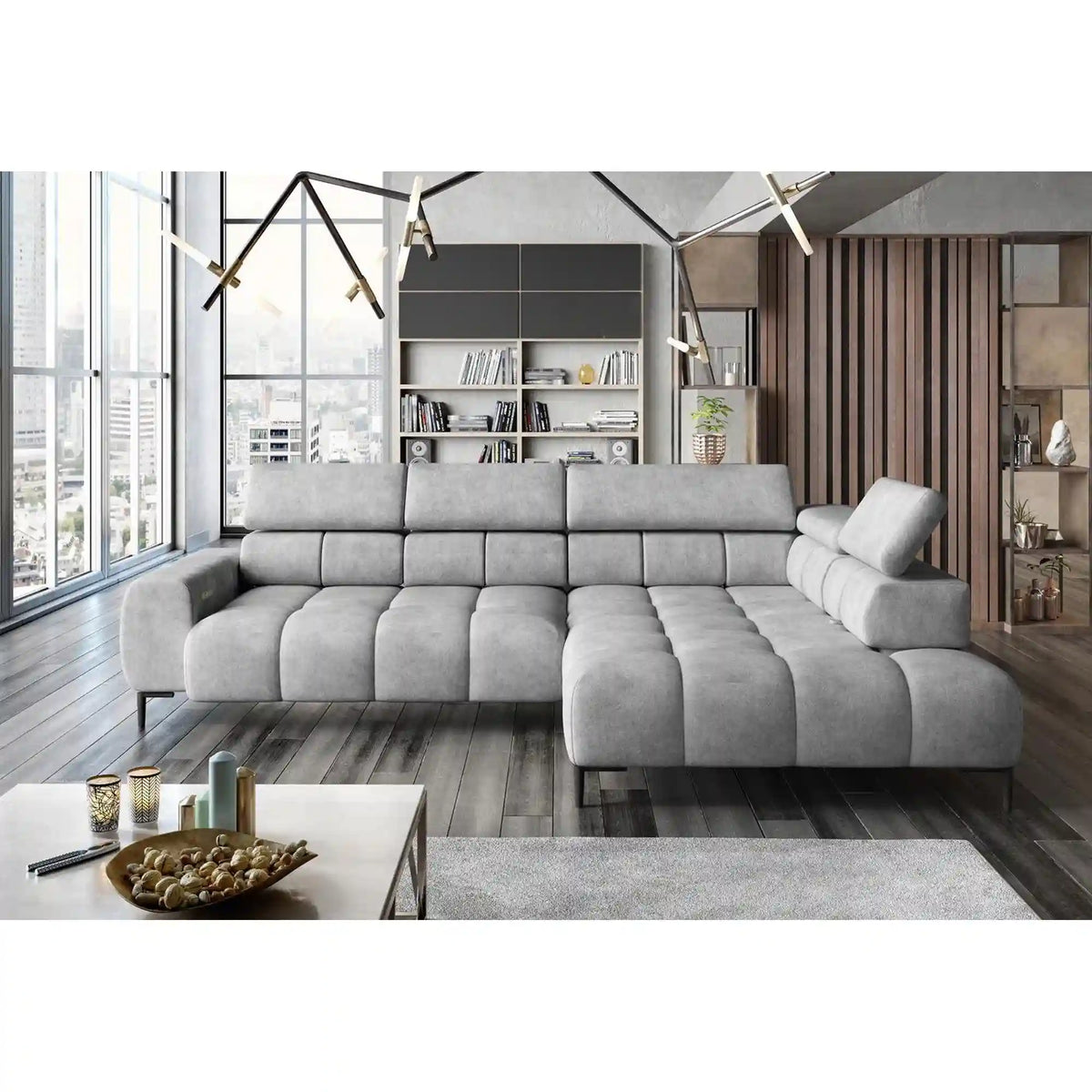 Coltar PLAZA L, personalizabil materiale gama Premium, cu reglaj electric si tetiere reglabile, 300x216x99 cm