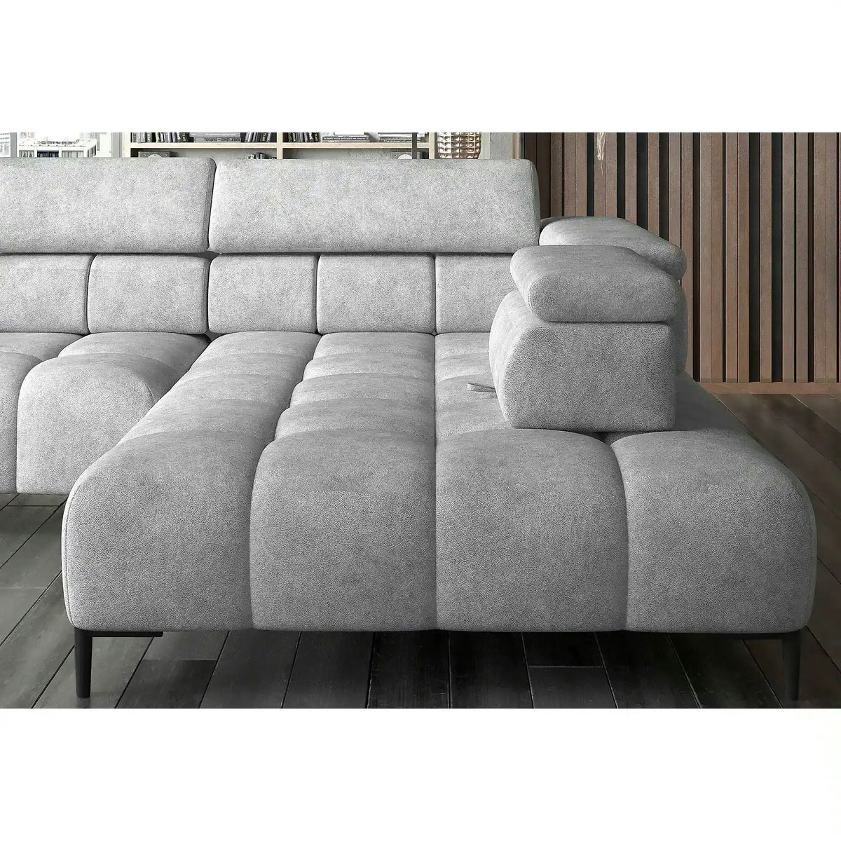Coltar PLAZA L, sezlong dreapta, stofa catifelata rosu - Vogue 7, cu reglaj electric si tetiere reglabile, 300x216x99 cm