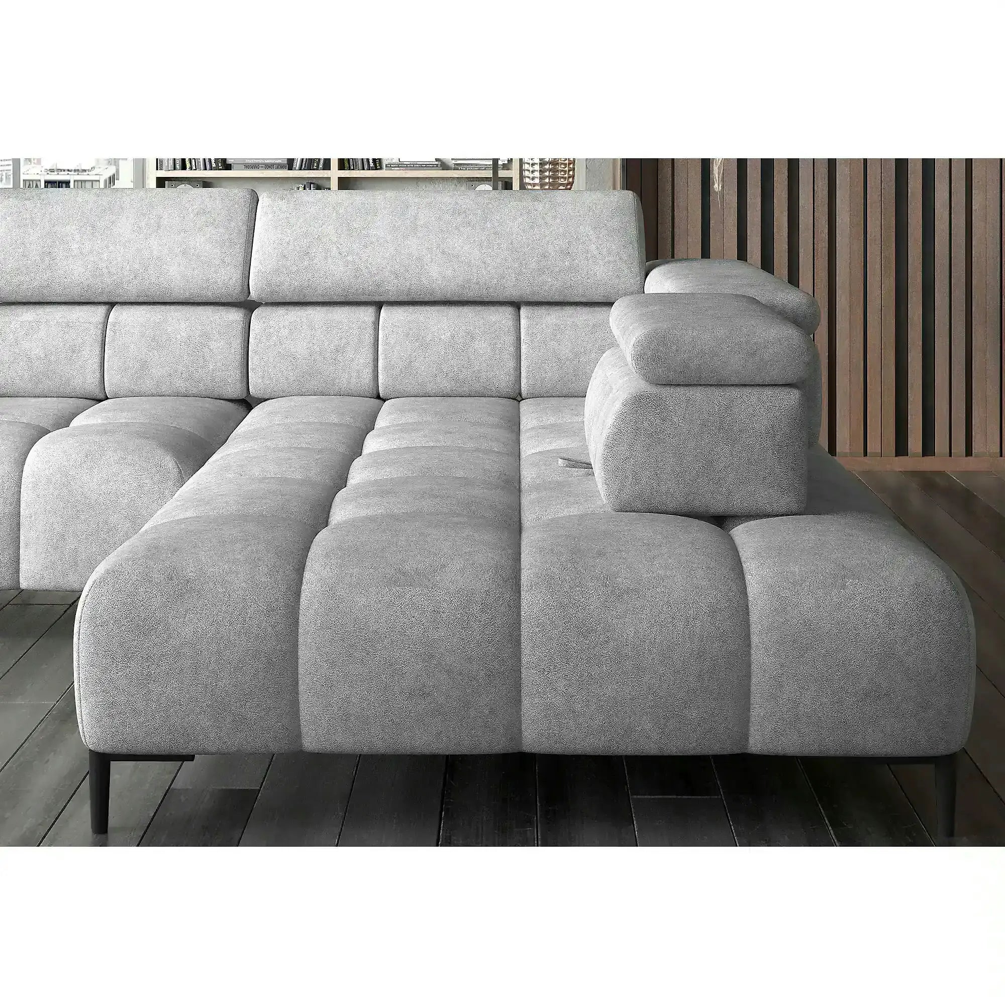 Coltar PLAZA L, sezlong dreapta, stofa catifelata rosu - Vogue 7, cu reglaj electric si tetiere reglabile, 300x216x99 cm