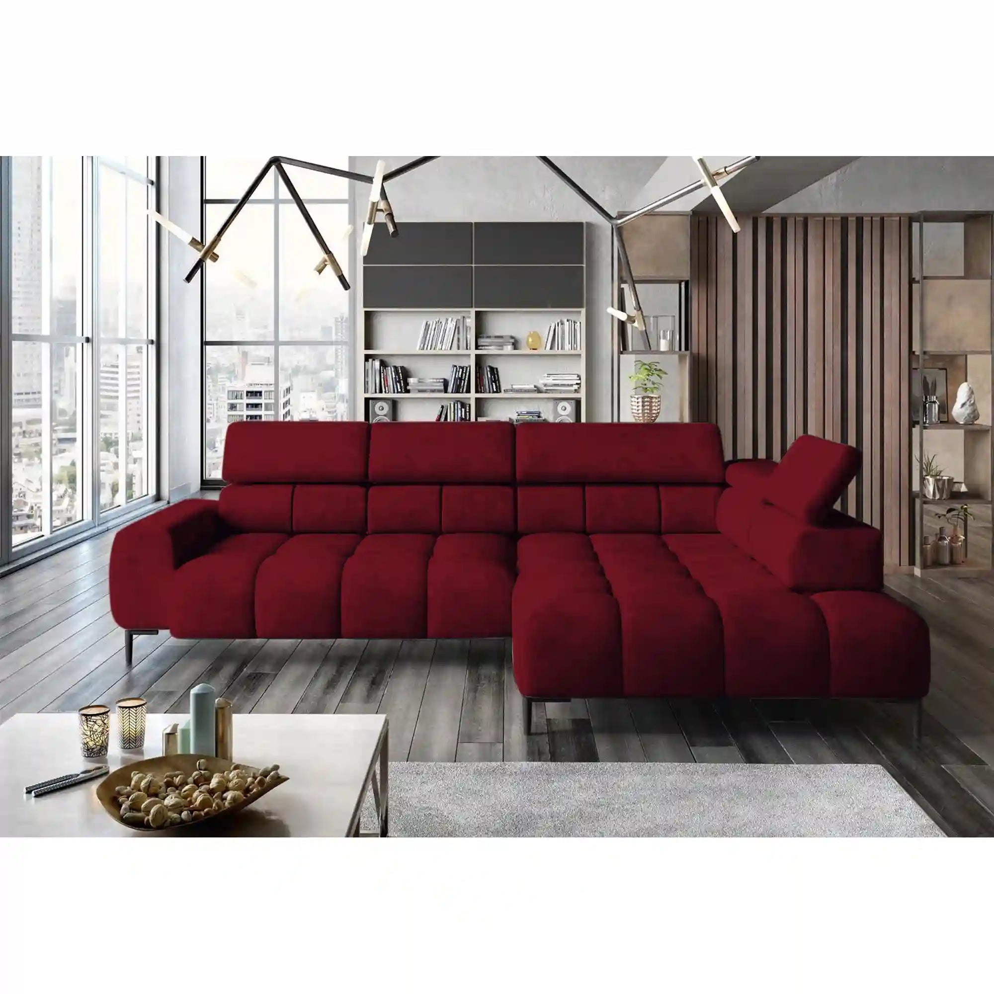 Coltar PLAZA L, sezlong dreapta, stofa catifelata rosu - Vogue 7, Gama Premium, cu reglaj electric si tetiere reglabile, 300x216x99 cm