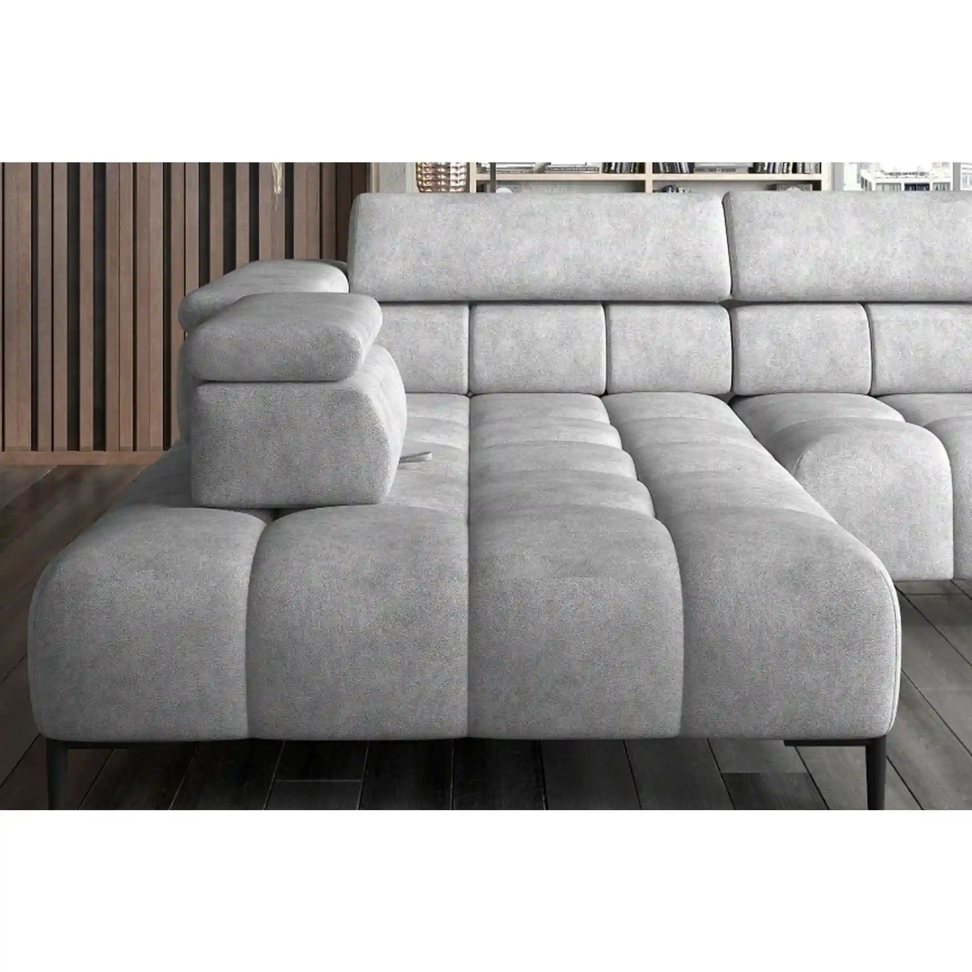 Coltar PLAZA L, sezlong dreapta, stofa catifelata rosu - Vogue 7, Gama Premium, cu reglaj electric si tetiere reglabile, 300x216x99 cm