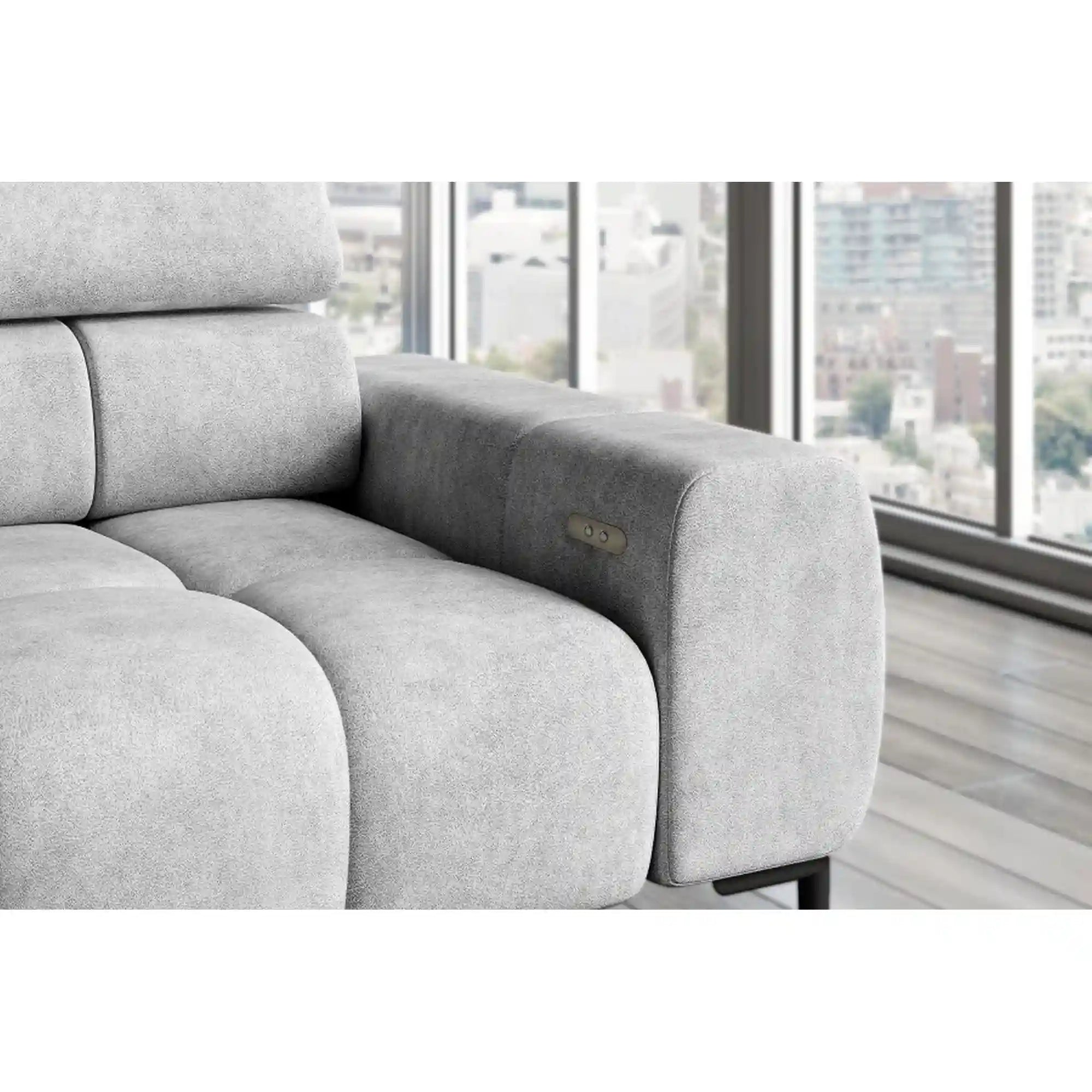 Coltar PLAZA L, sezlong dreapta, stofa catifelata rosu - Vogue 7, Gama Premium, cu reglaj electric si tetiere reglabile, 300x216x99 cm