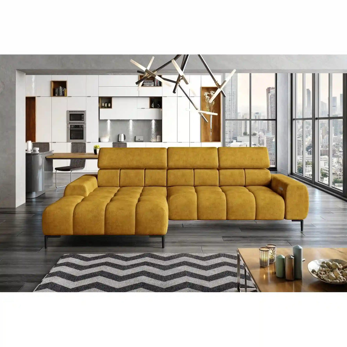 Coltar PLAZA MINI, personalizabil materiale gama Oferta Avantaj, cu reglaj electric si tetiere reglabile, 270x177x99 cm