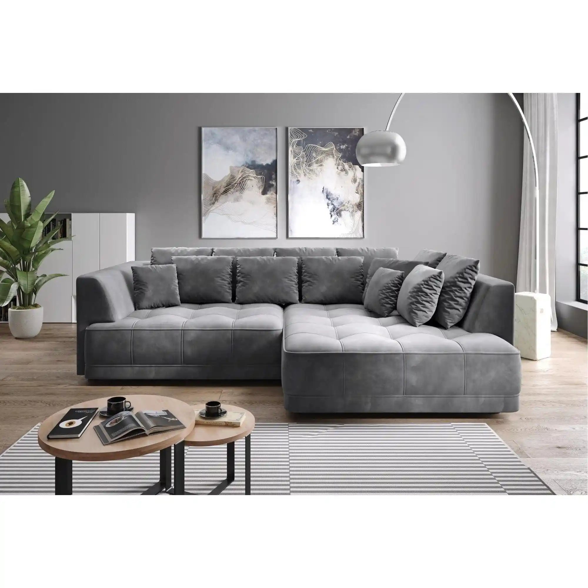 Coltar TIGA, sezlong dreapta, stofa catifelata gri - Salvador 14, Gama Premium, cu reglaj electric, 286x207x77 cm