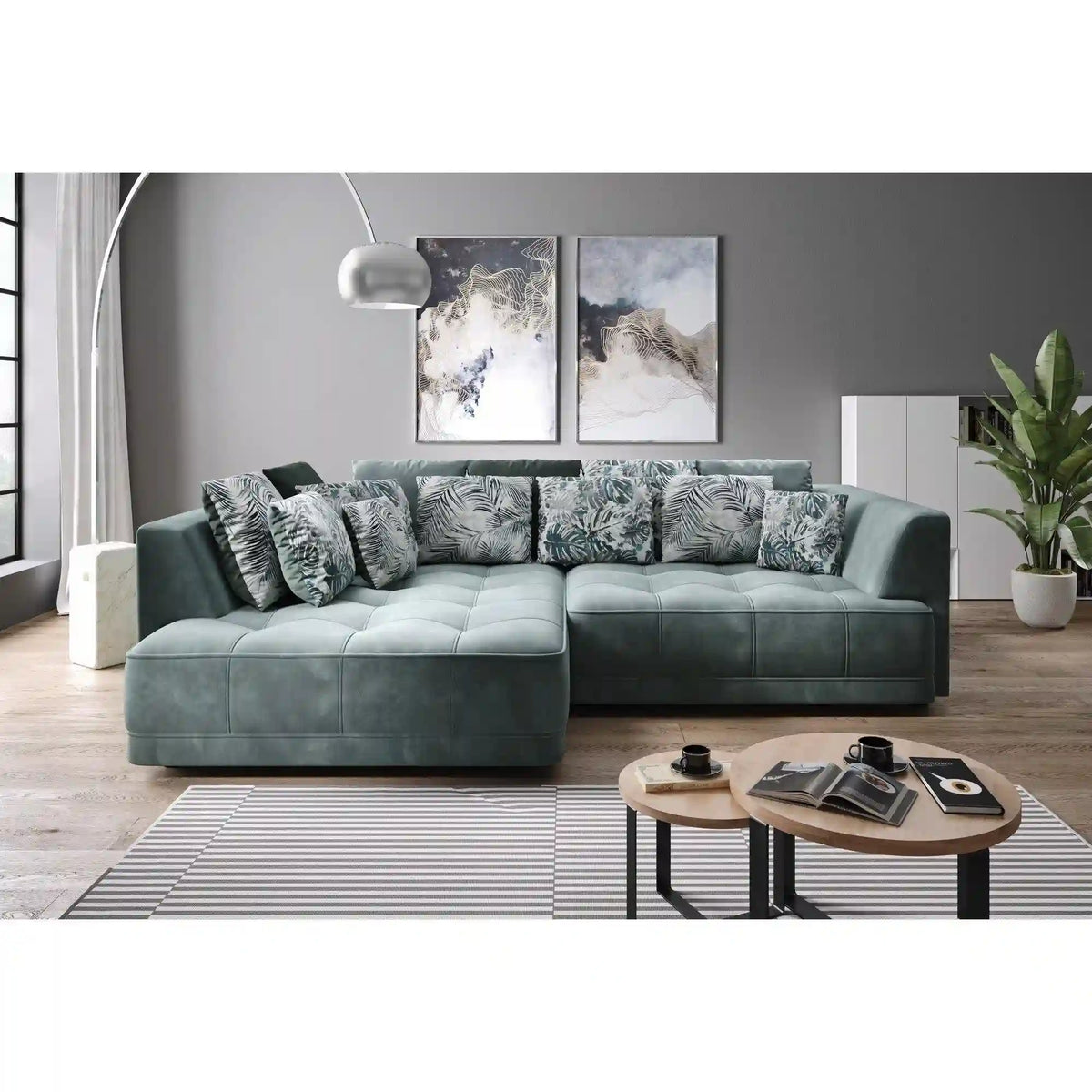 Coltar TIGA, sezlong stanga, stofa catifelata verde - Riviera 34, Gama Premium, cu reglaj electric, 286x207x77 cm