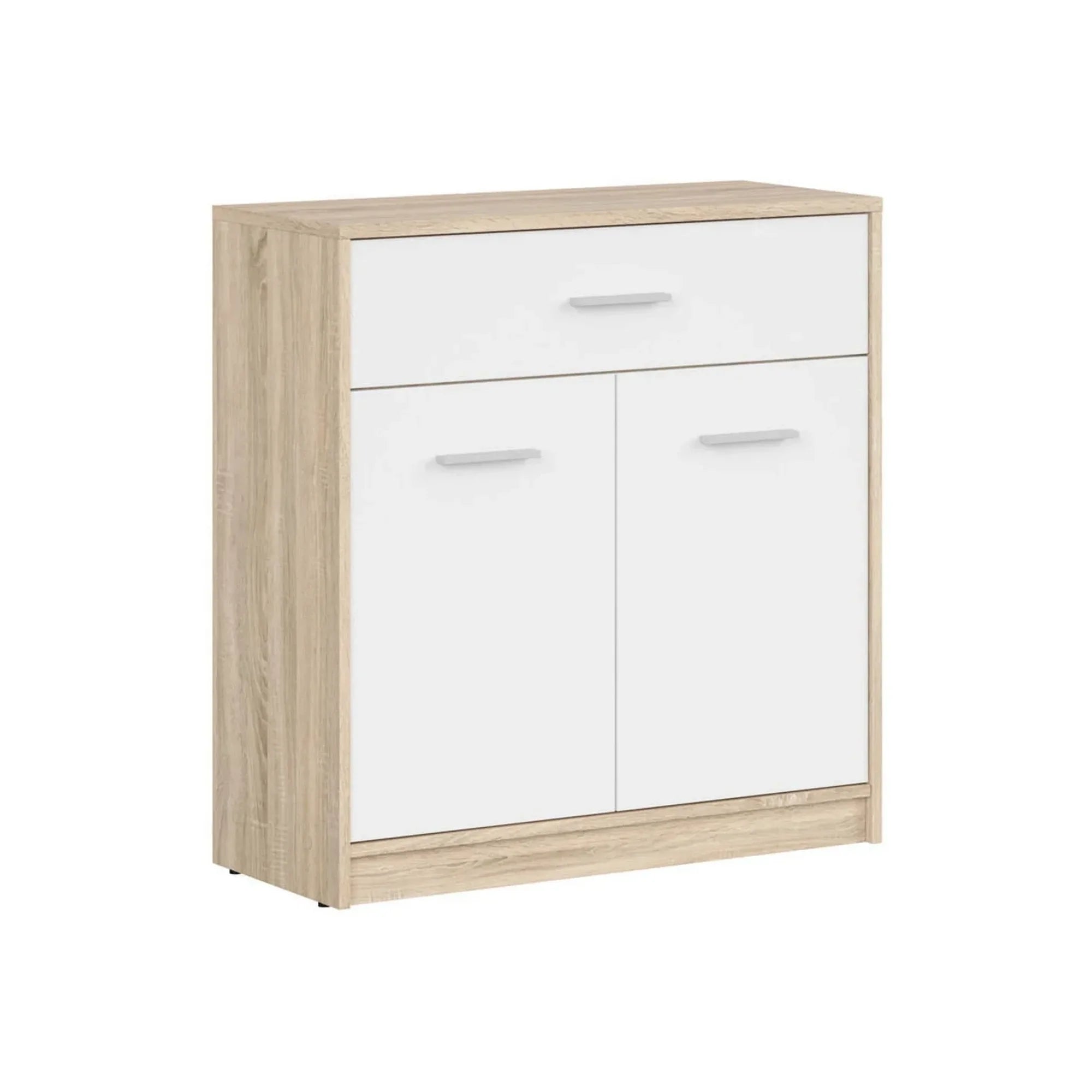 Comoda NEPO PLUS, stejar sonoma/alb, PAL laminat, cu 2 usi si un sertar, 80x34x84 cm