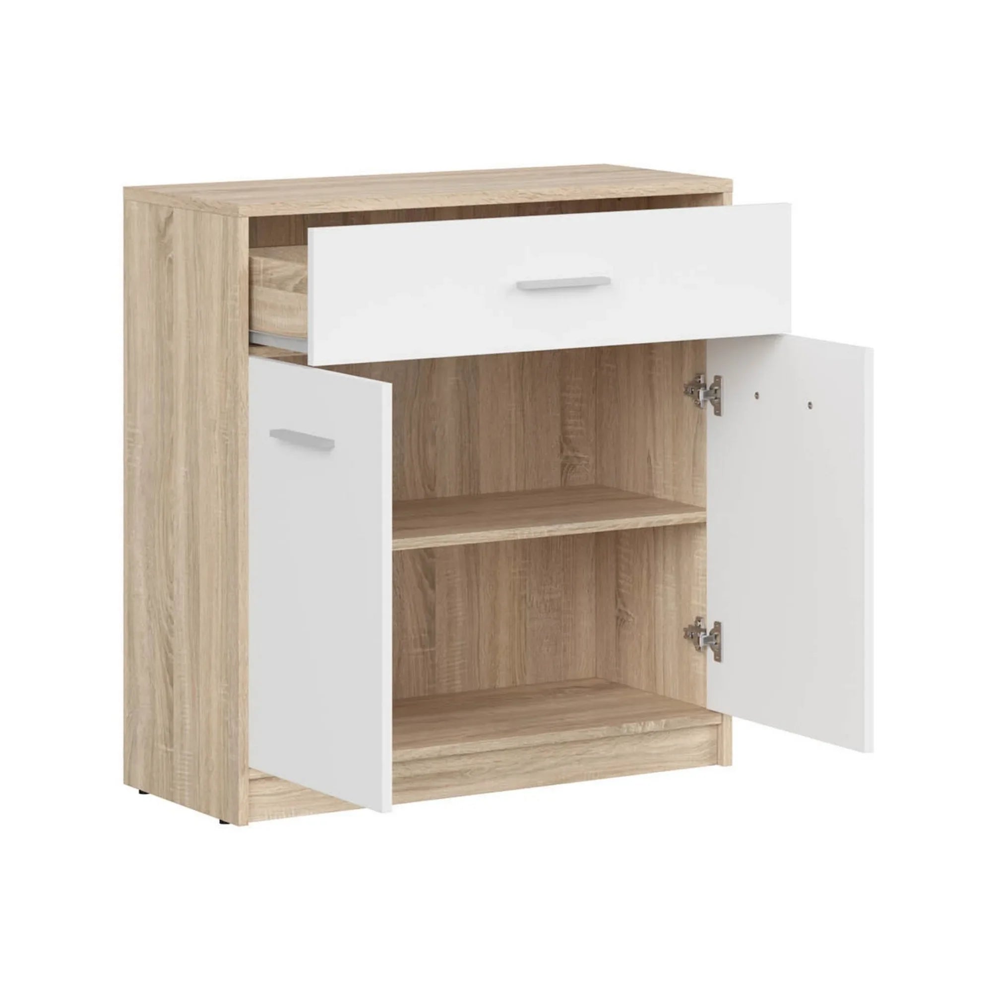 Comoda NEPO PLUS, stejar sonoma/alb, PAL laminat, cu 2 usi si un sertar, 80x34x84 cm