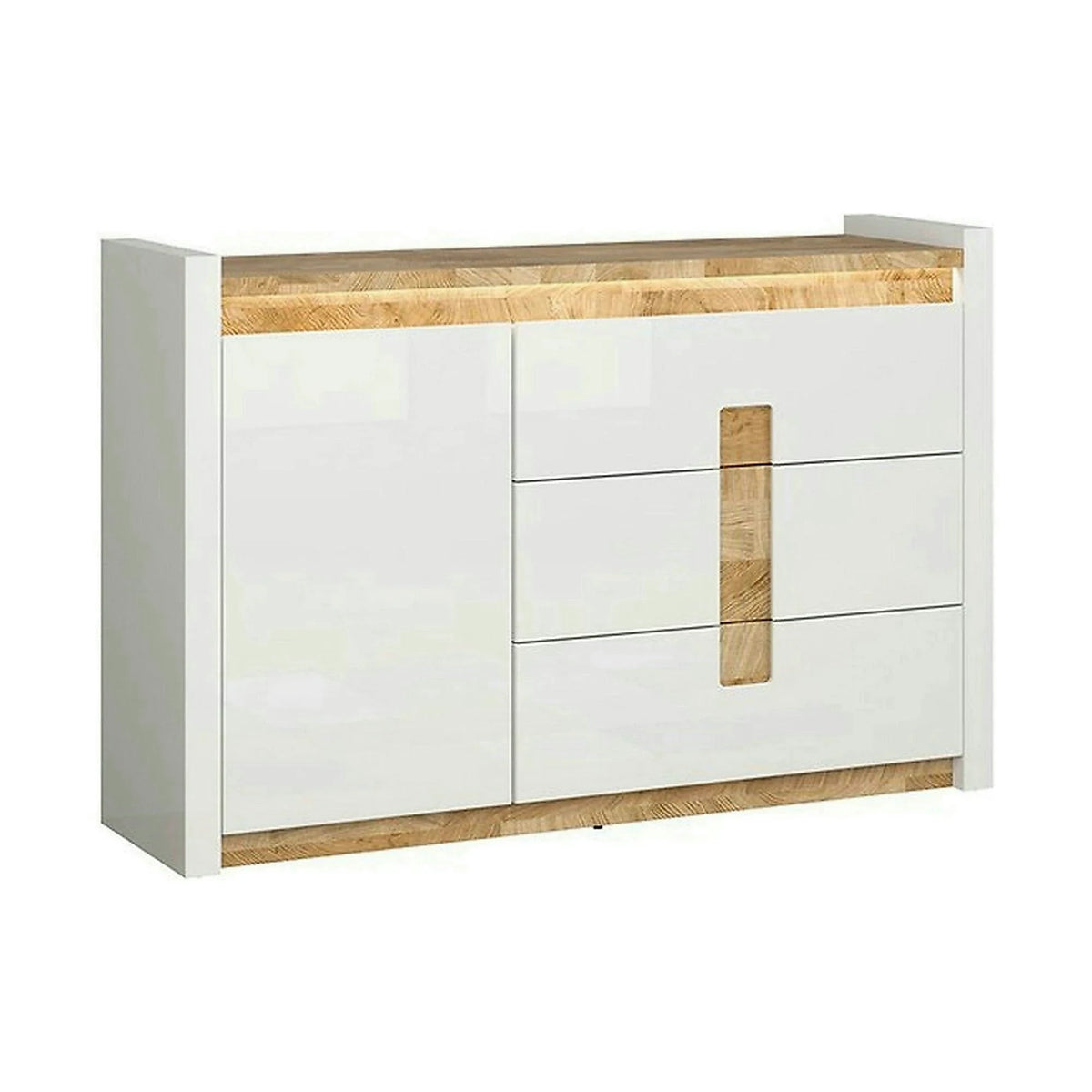 Comoda ALAMEDA, alb lucios/stejar, PAL, 147x41x97 cm