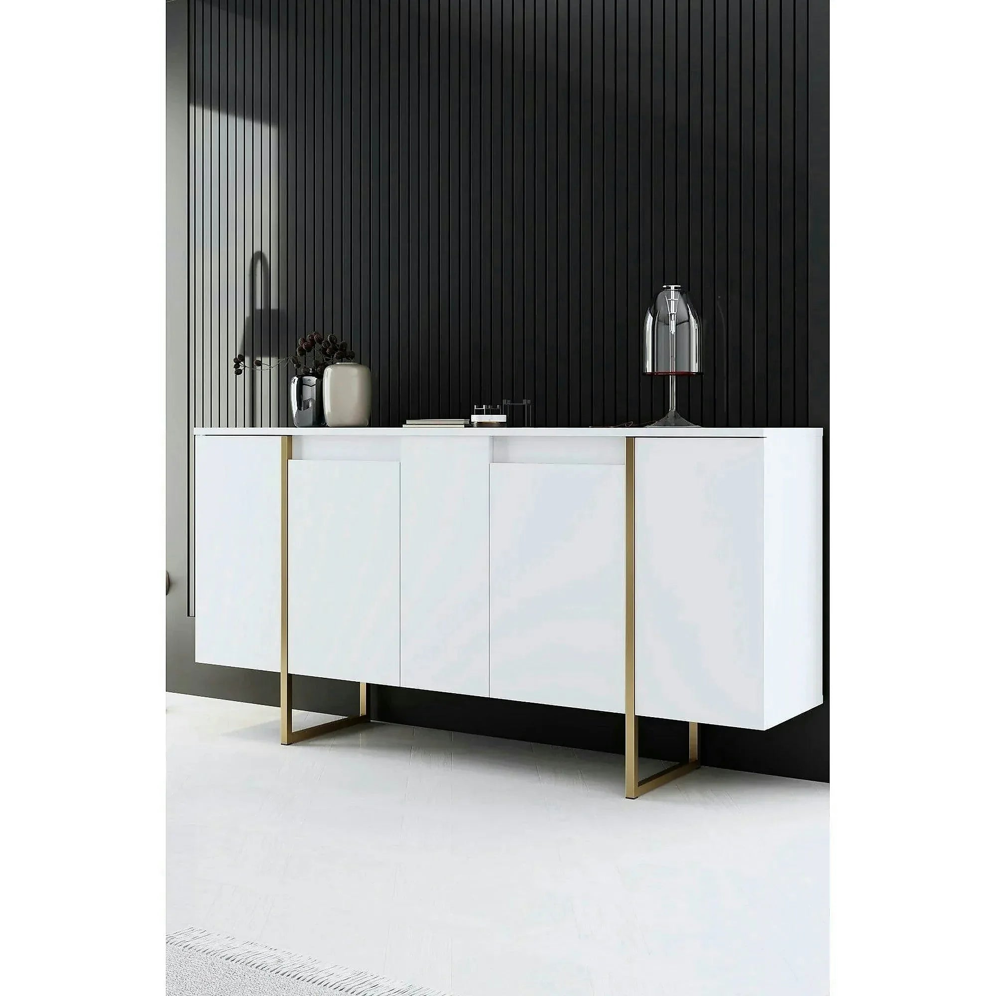 Comoda alba ingusta LUXE, PAL melaminat/metal, 160x35x80 cm