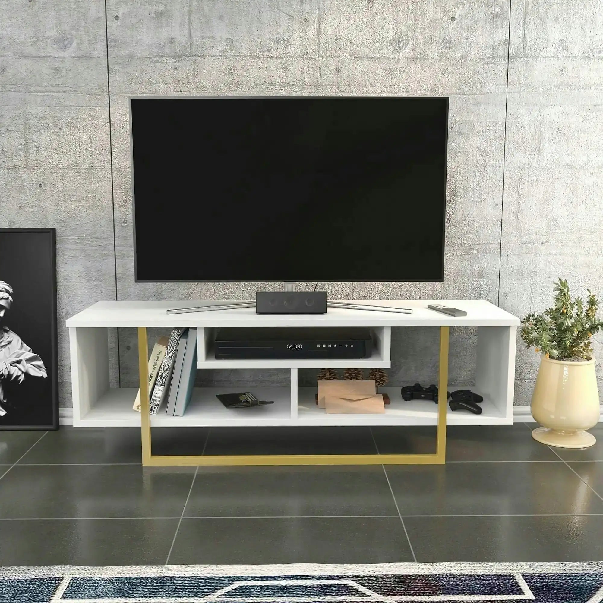 Comoda ASAL 120, alb/auriu, PAL melaminat, 120x35x40 cm