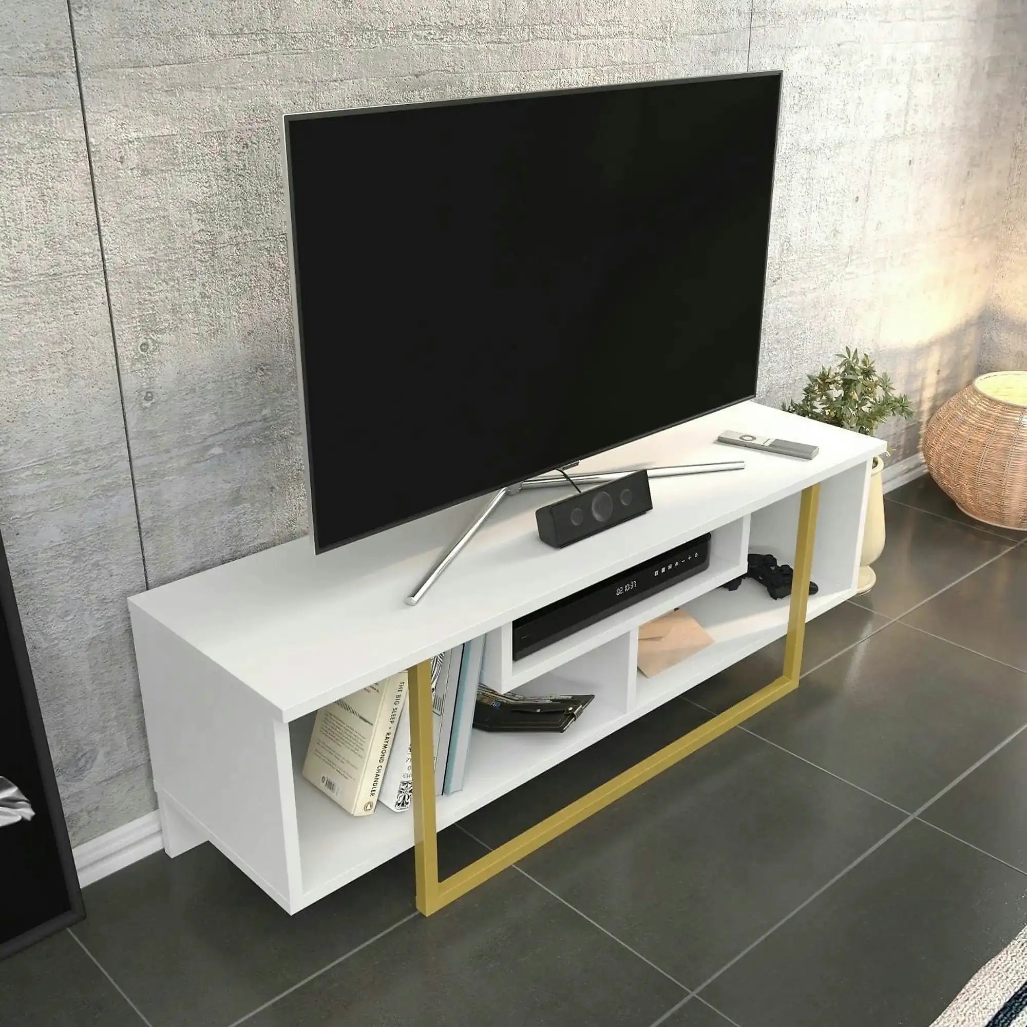 Comoda ASAL 120, alb/auriu, PAL melaminat, 120x35x40 cm