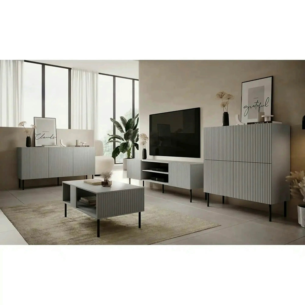 Comoda ASENSIO, gri mat/negru, PAL, 150x42x82 cm