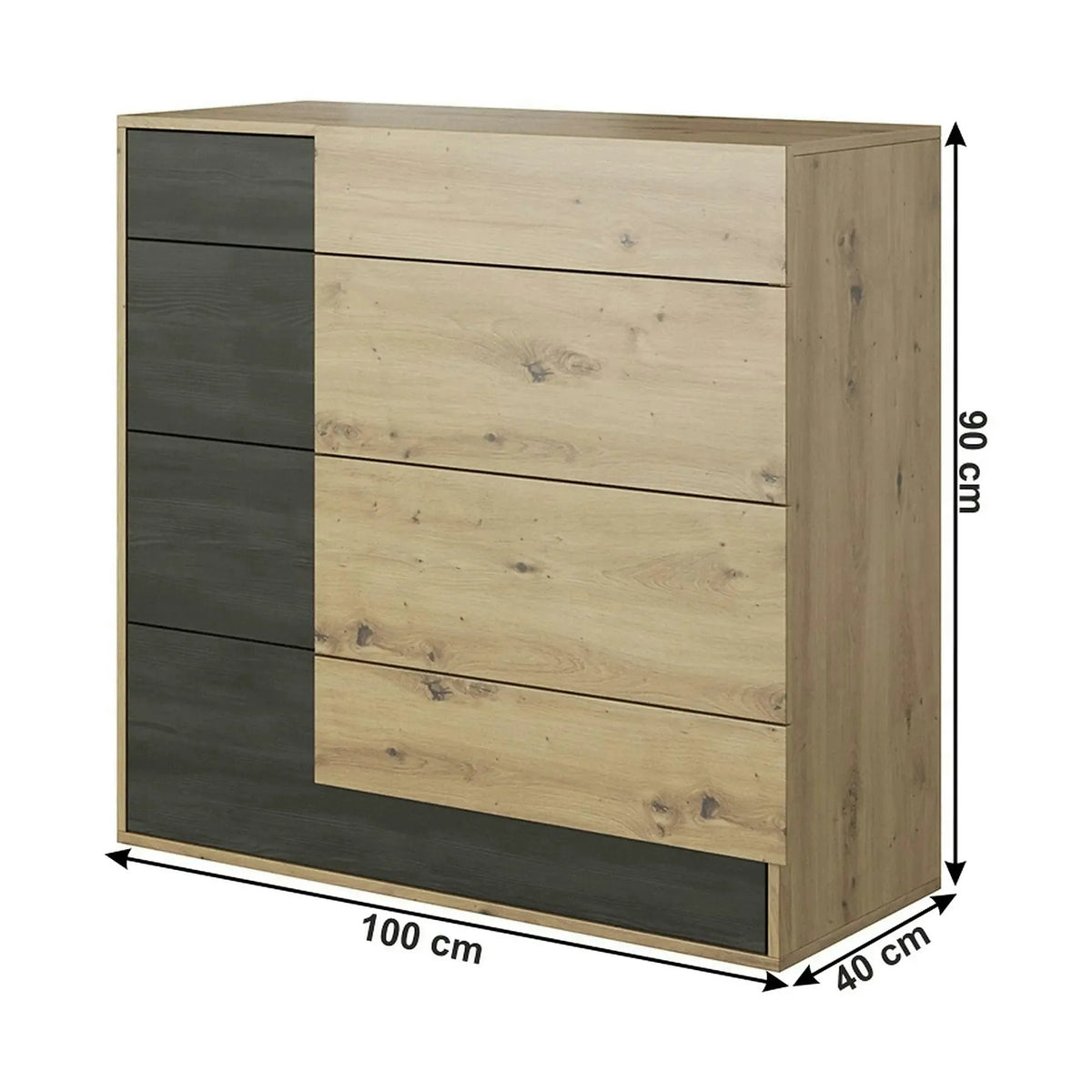Comoda BAFRA, stejar artisan/pin negru, PAL laminat, 100x40x90 cm