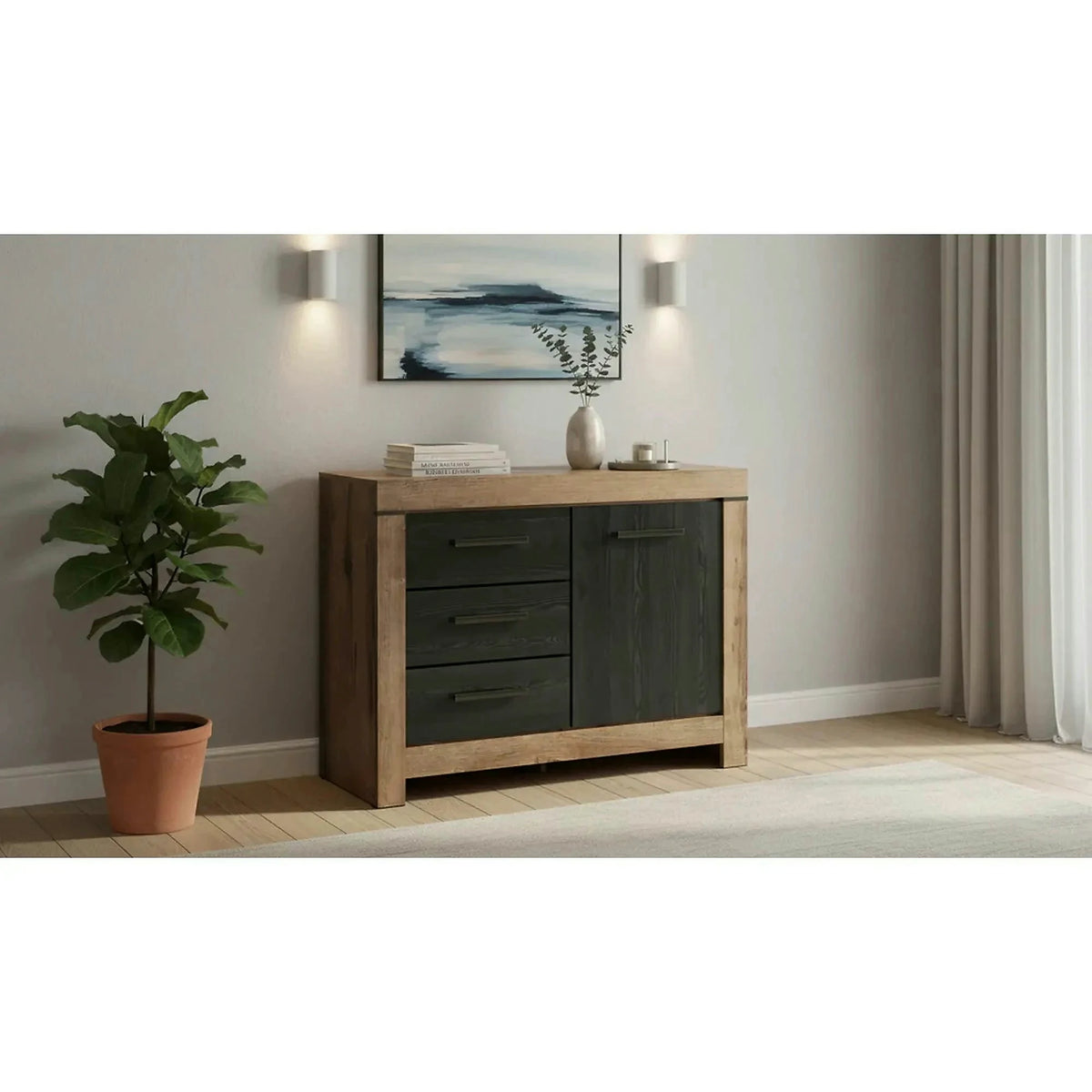 Comoda BALIN, stejar/negru, PAL, 112x45x85 cm