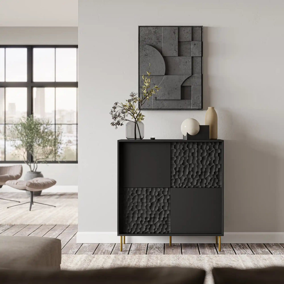 Comoda BULLET, negru/auriu, PAL laminat, 100x41x105 cm