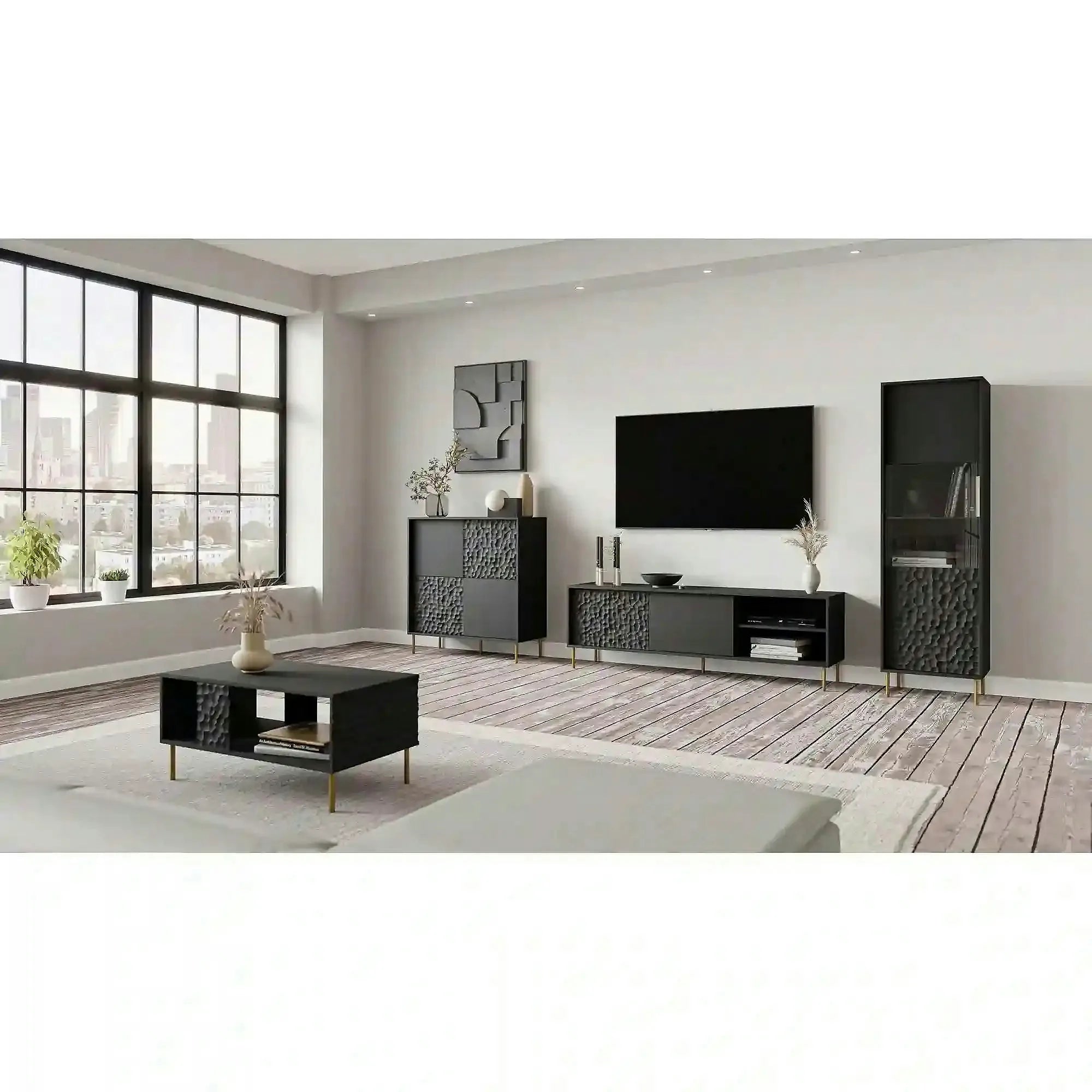 Comoda BULLET, negru/auriu, PAL laminat, 155x41x73 cm
