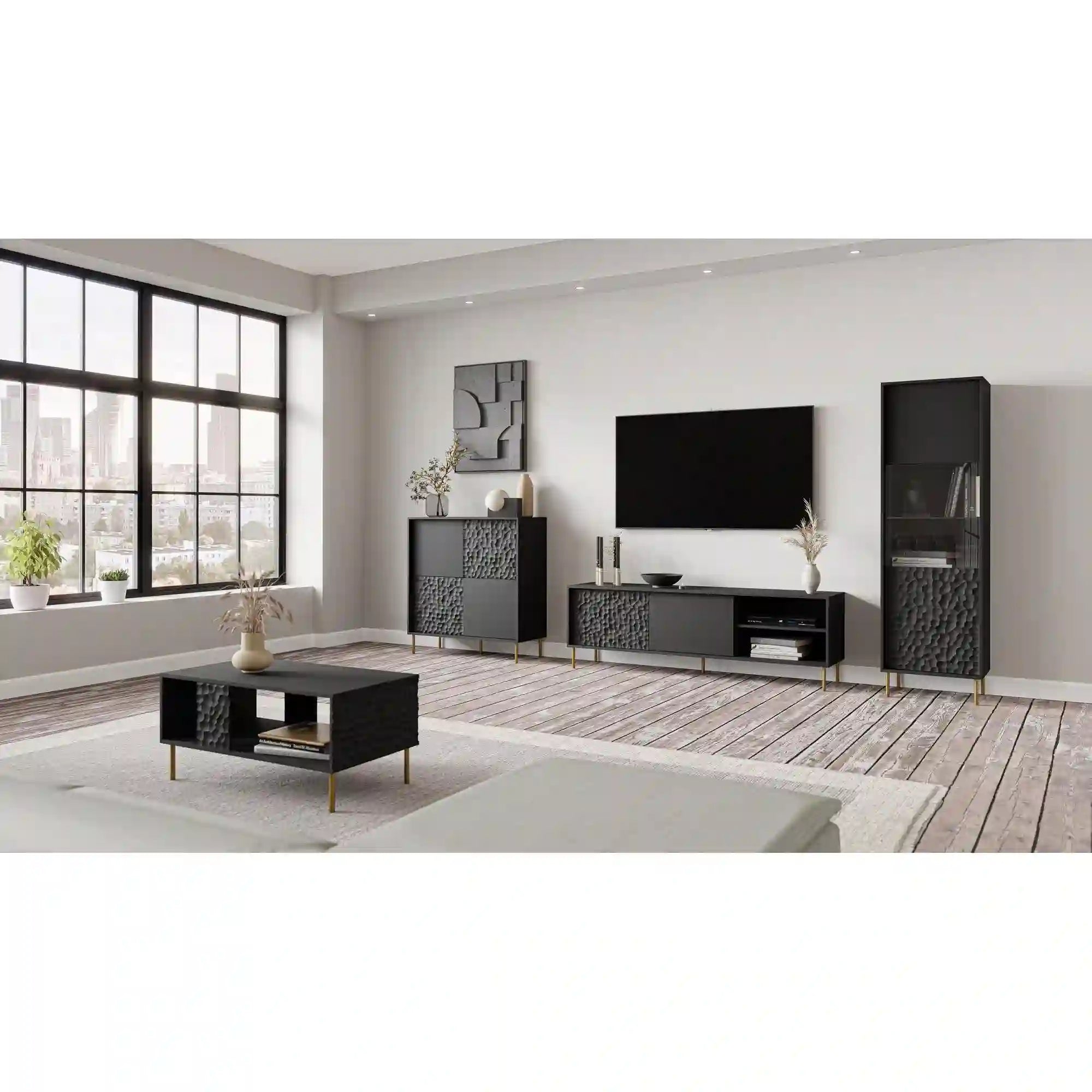 Comoda BULLET, negru/auriu, PAL laminat, 155x41x73 cm