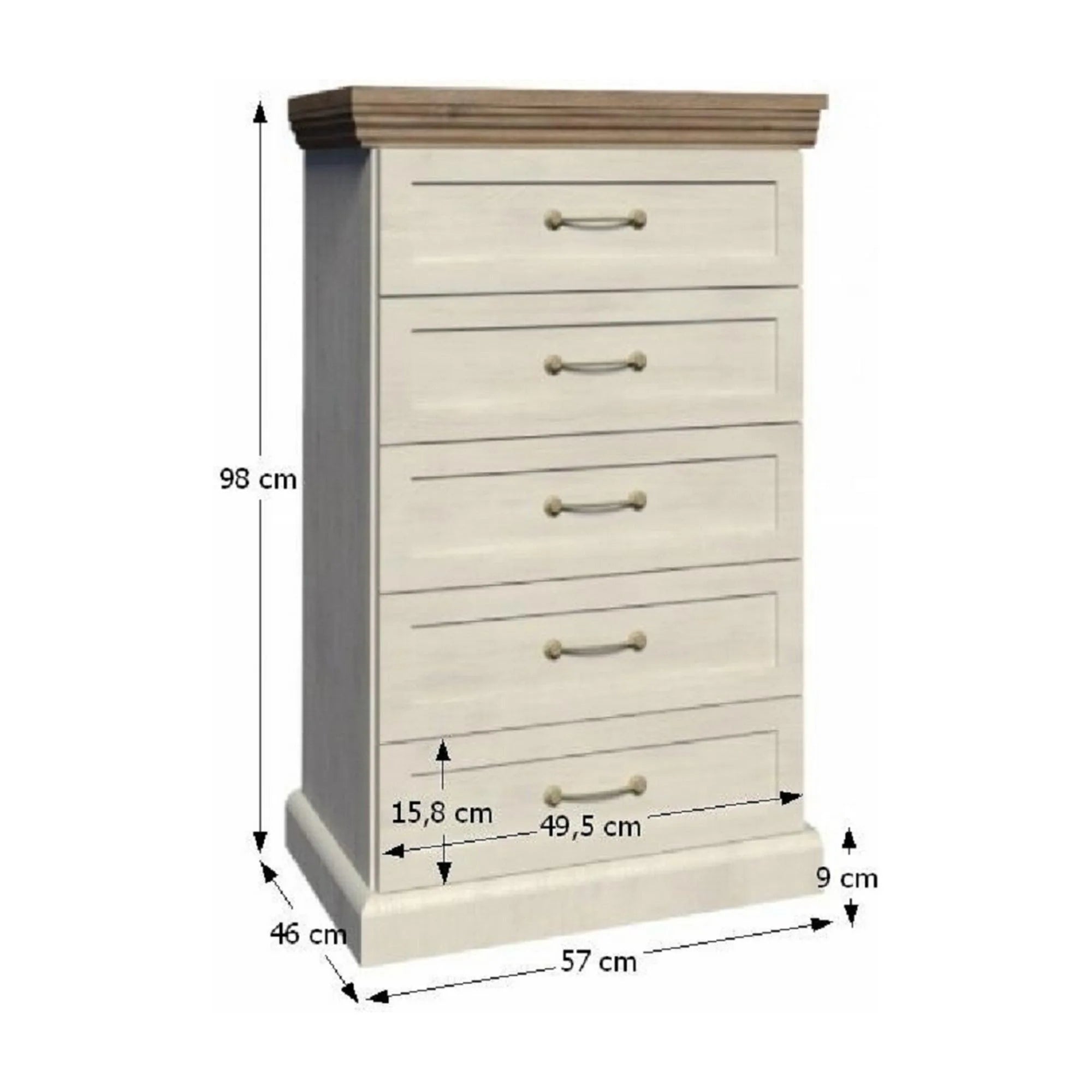 Comoda cu sertare ROYAL KS5, pin nordic/stejar salbatic, PAL melaminat, 57x46x98 cm