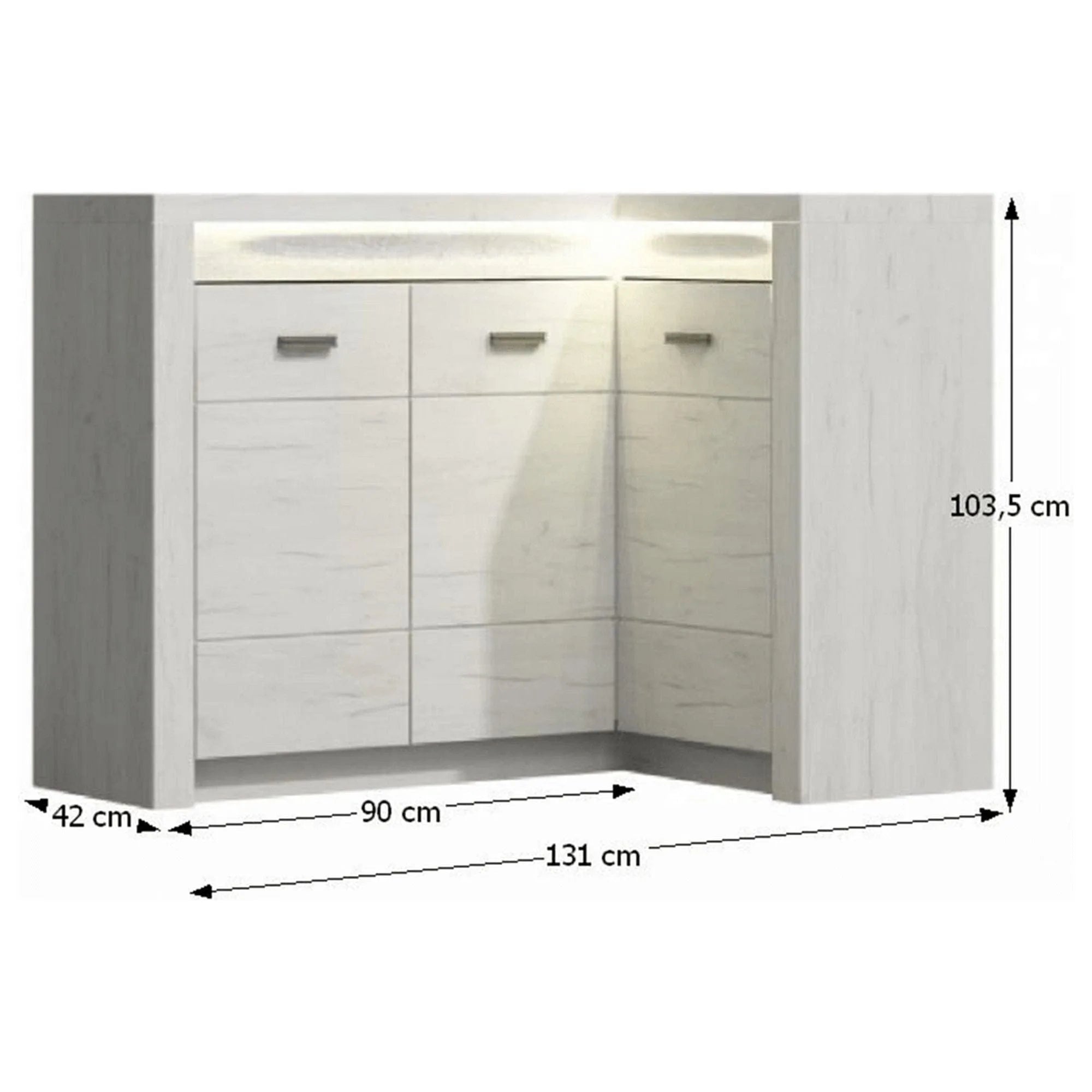 Comoda de colt INFINITY I-15, frasin alb, PAL melaminat/metal, 131/90x42x104 cm