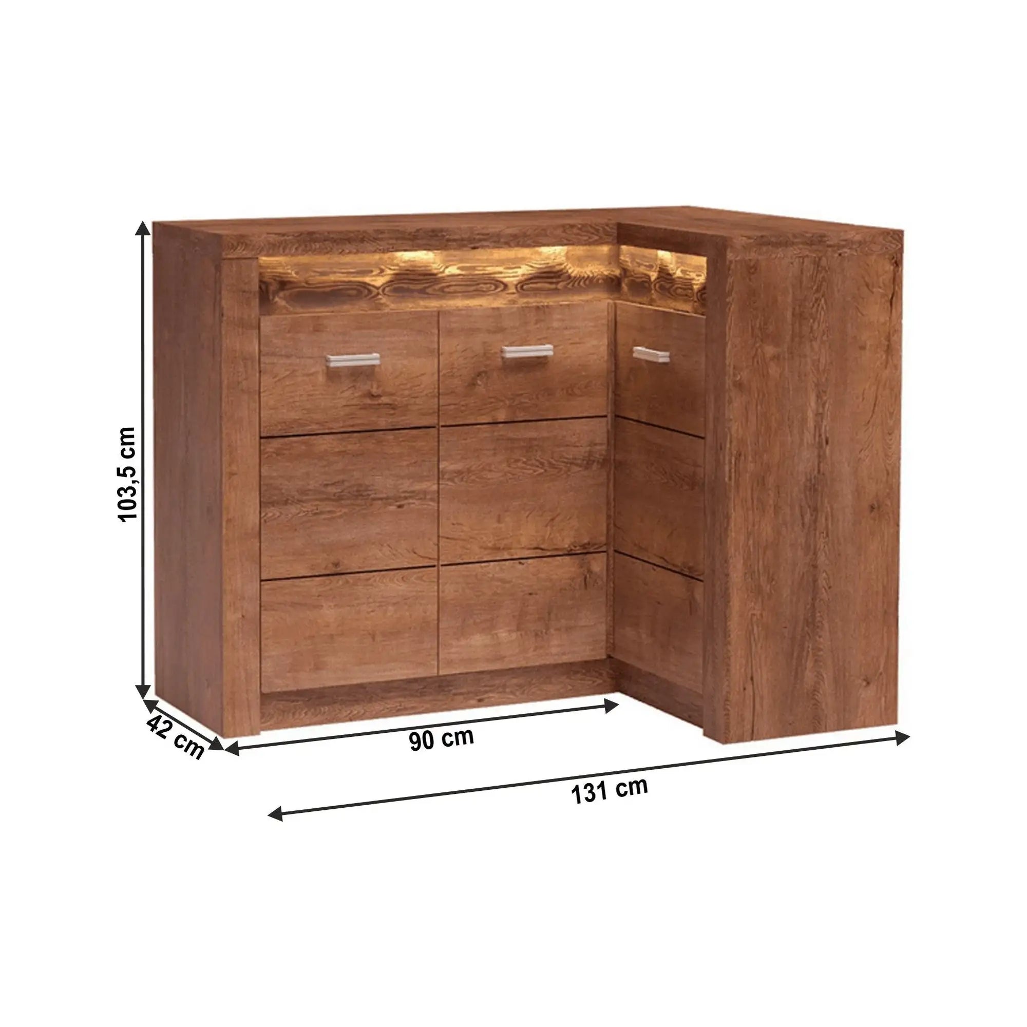 Comoda de colt INFINITY I-15, frasin deschis, PAL melaminat, 131/90x42x104 cm