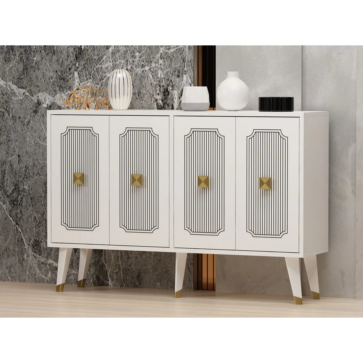 Comoda DERASI, alb/auriu, PAL melaminat, 120x30x80 cm