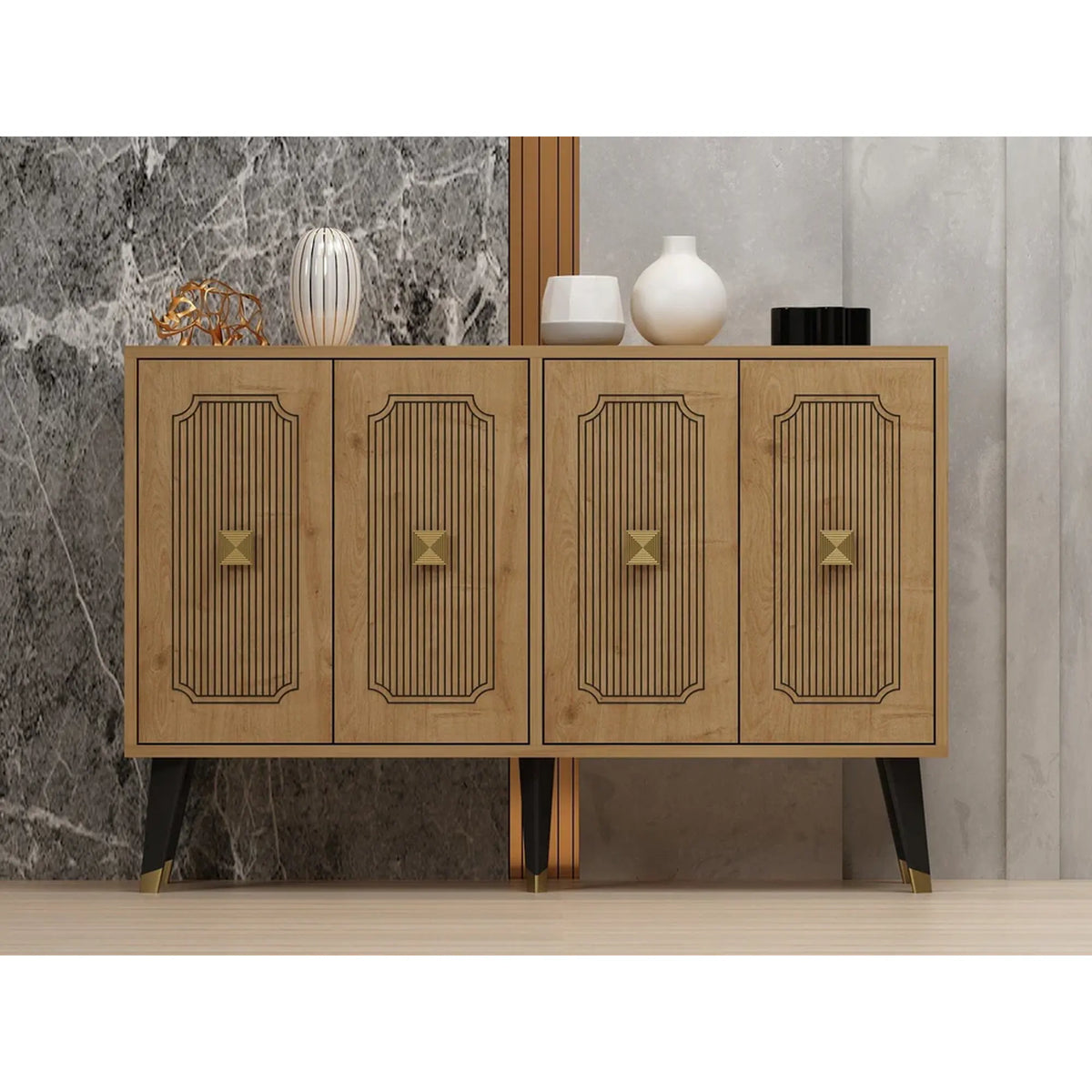 Comoda DESARI, stejar/auriu/negru, PAL melaminat, 120x30x80 cm