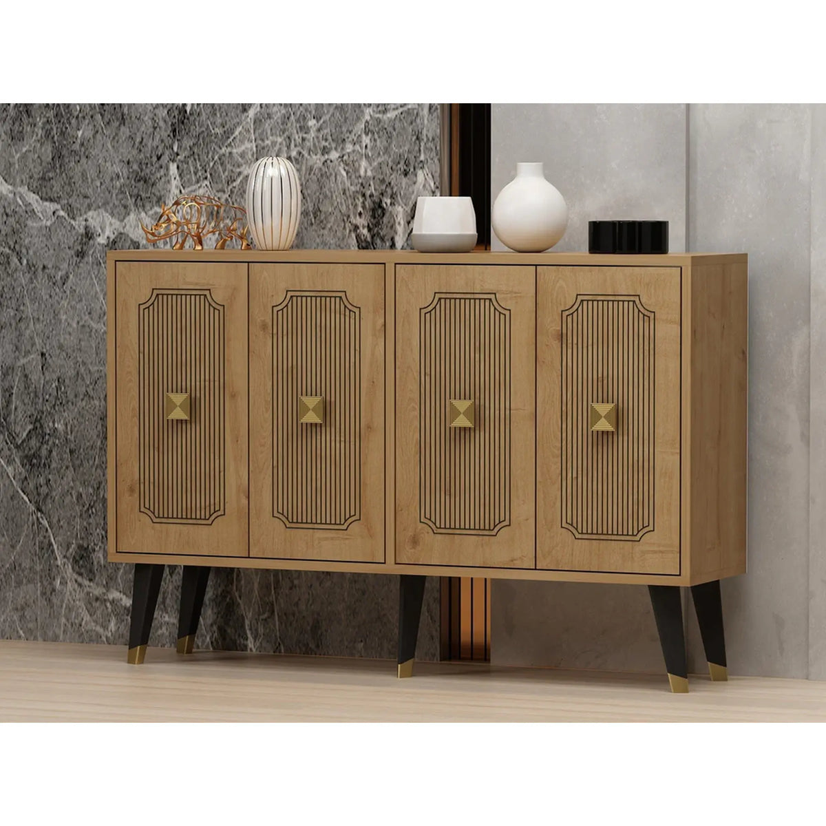 Comoda DESARI, stejar/auriu/negru, PAL melaminat, 120x30x80 cm