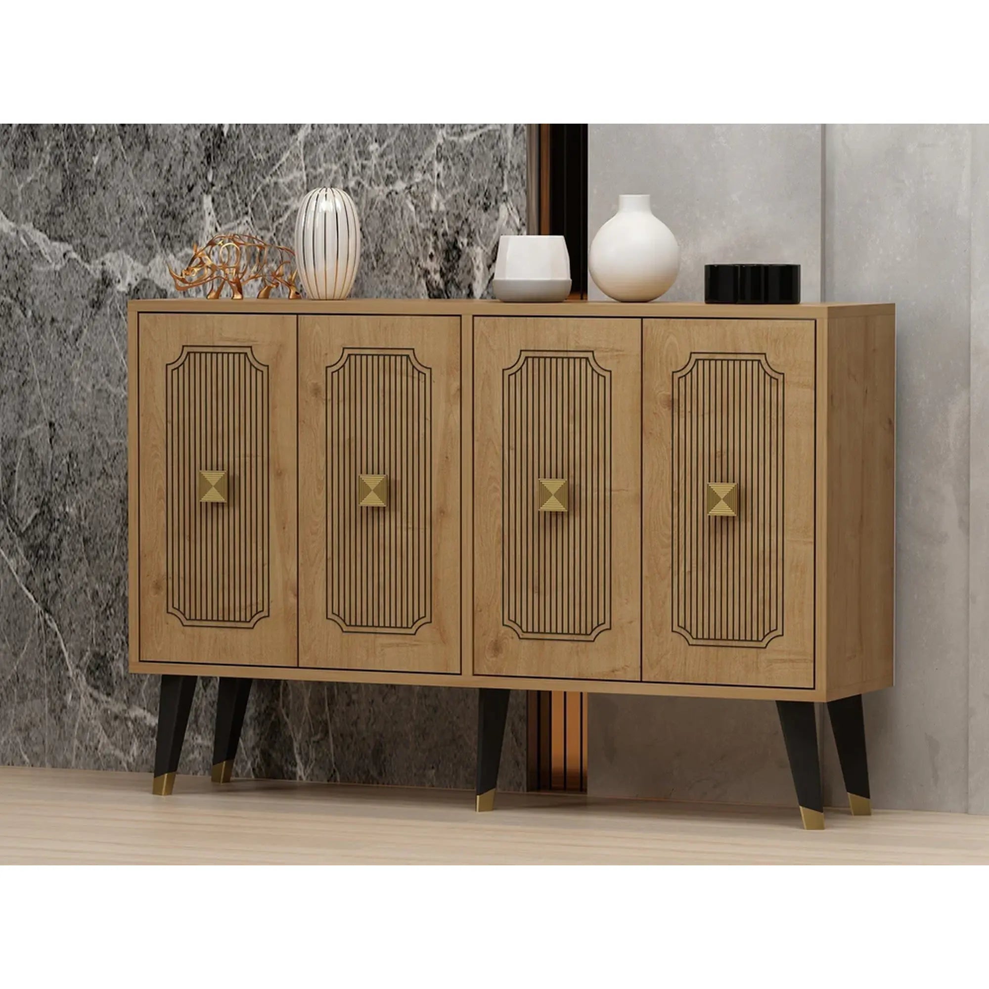 Comoda DESARI, stejar/auriu/negru, PAL melaminat, 120x30x80 cm