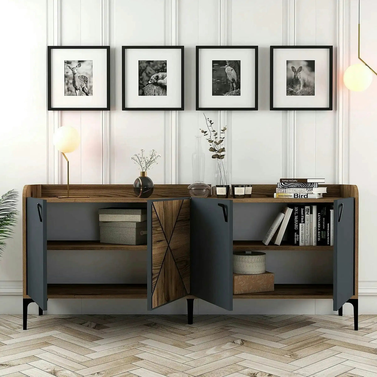 Comoda dubla Venedik, din PAL melaminat, nuc/gri antracit, 180x35x78 cm