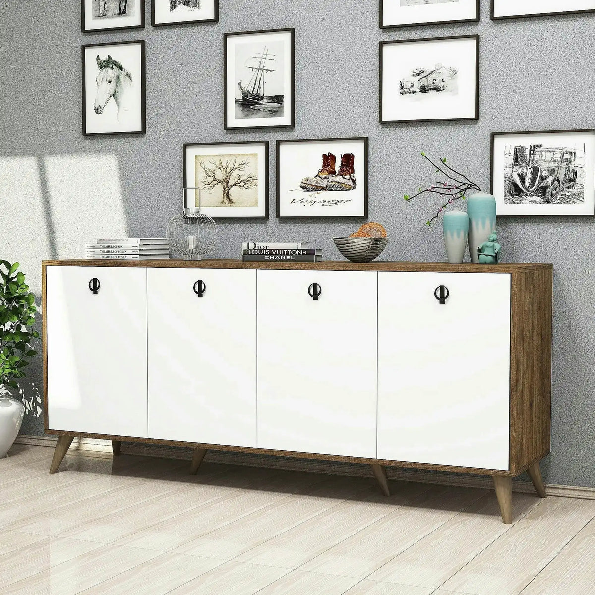 Comoda ELITE 1612, alb/stejar inchis, PAL melaminat, 180x45x80 cm
