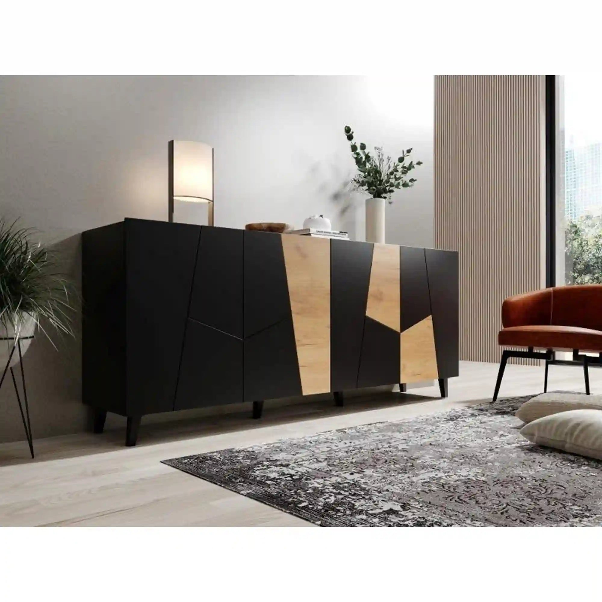 Comoda ETNA, negru/stejar, PAL/plastic, 200x42x82 cm
