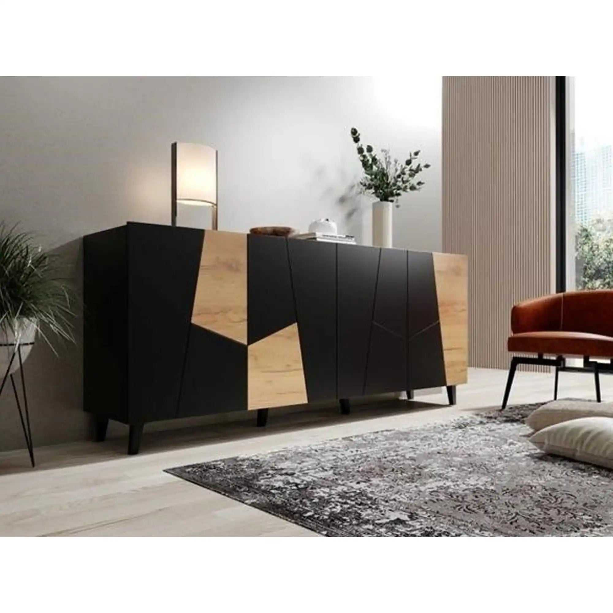 Comoda ETNA, negru/stejar, PAL/plastic, 200x42x82 cm