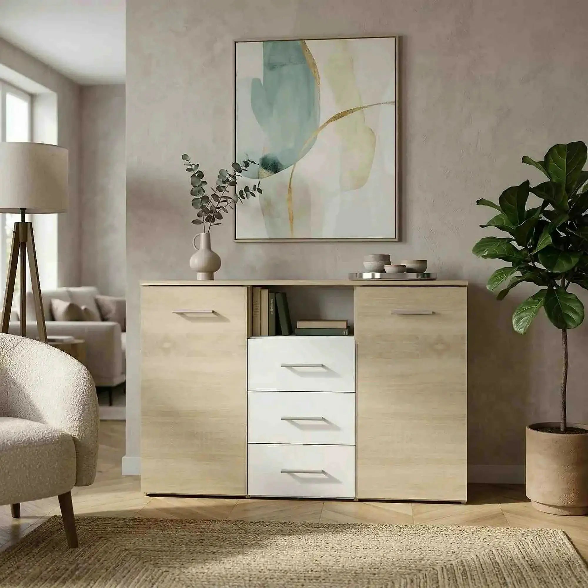 Comoda GABRIELA, stejar sonoma/alb, PAL laminat, 120x38x80 cm