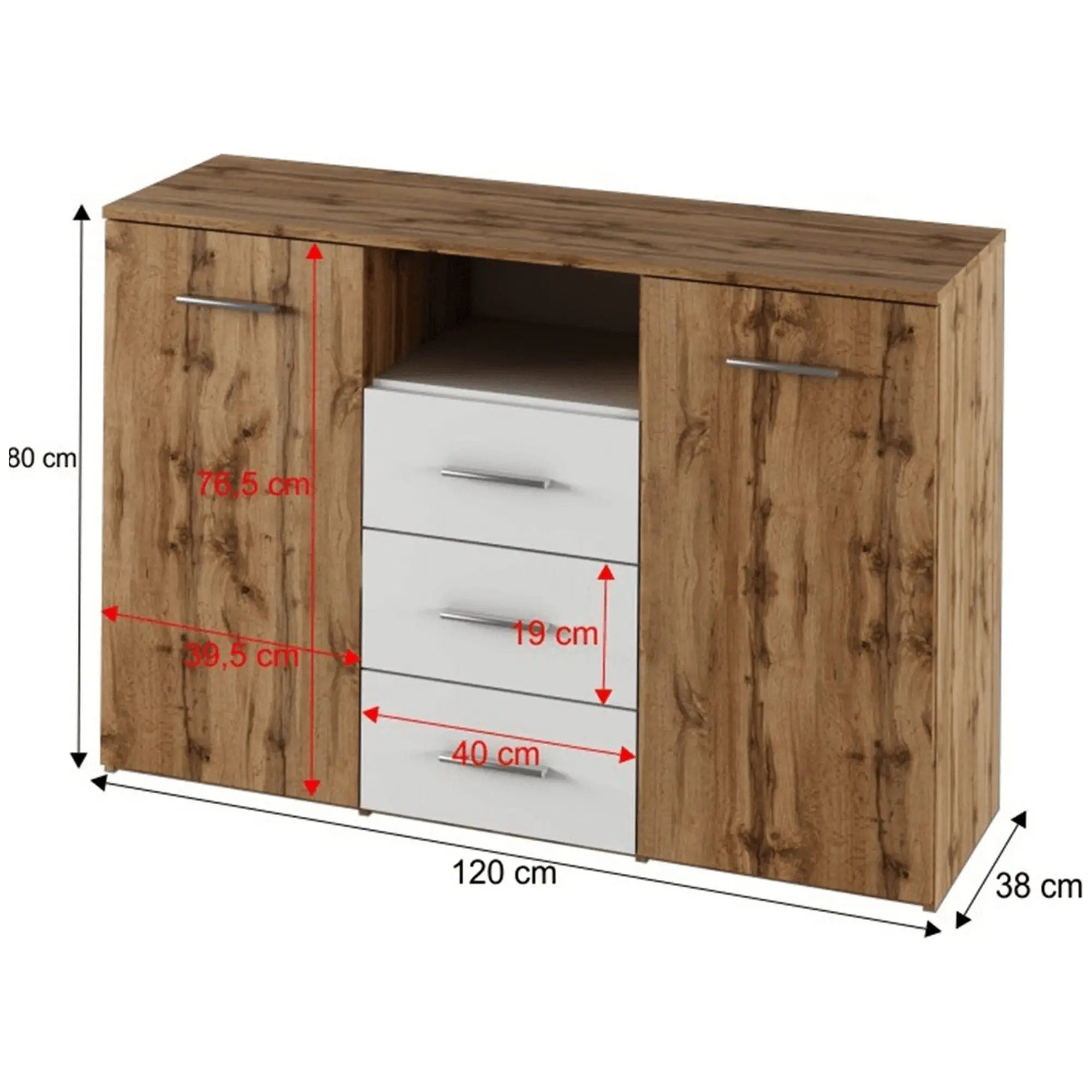 Comoda GABRIELA, stejar wotan/alb, PAL laminat, 120x38x80 cm