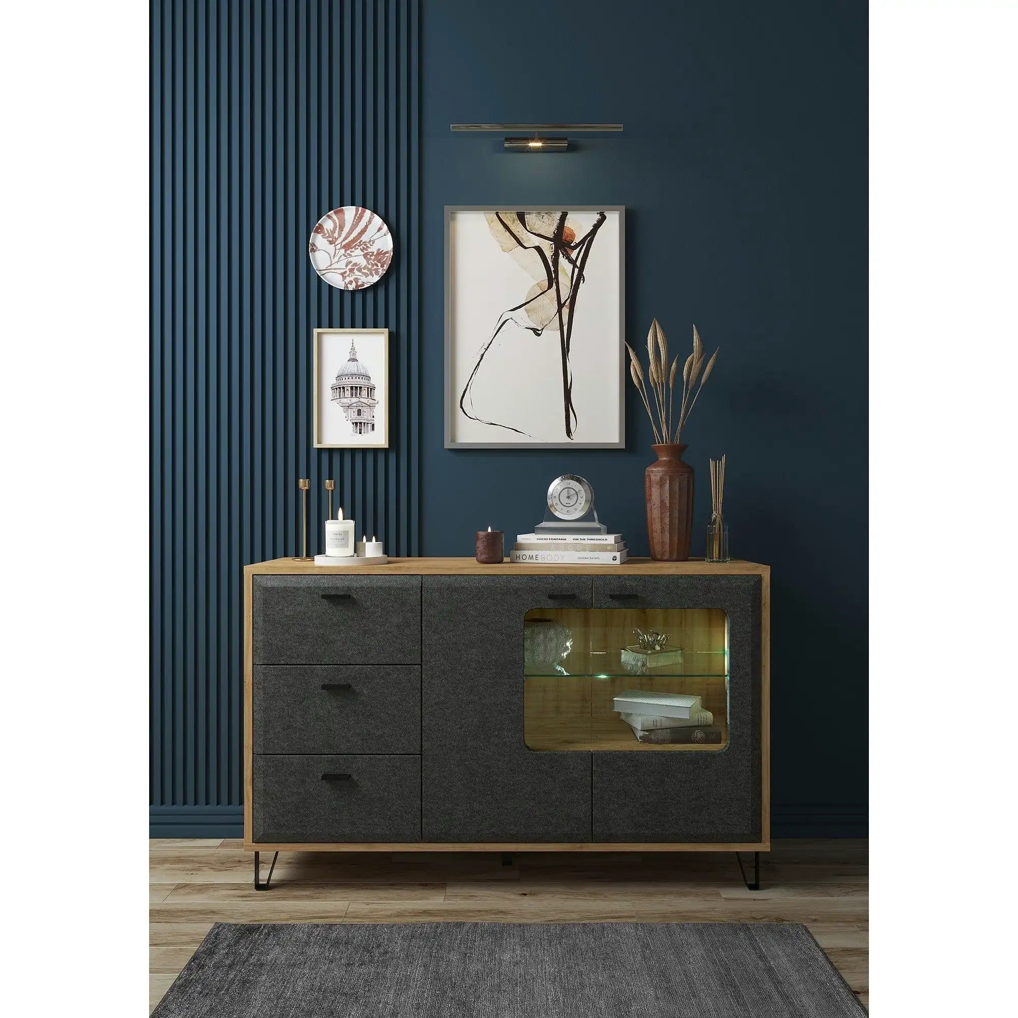 Comoda GRACE, stejar/gri antracit, PAL laminat, 144x42x90 cm