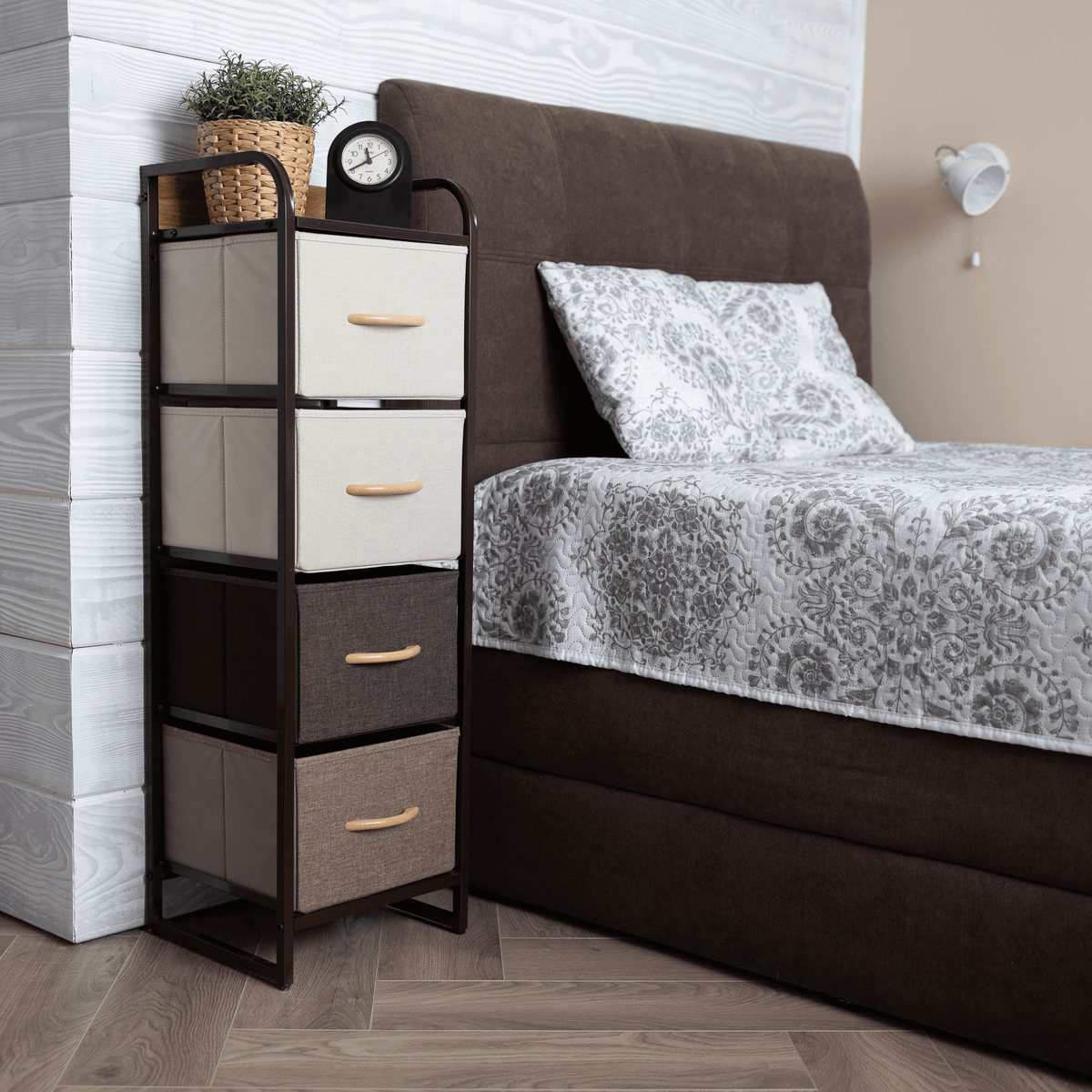 Comoda HAZEL TYP 1, bej/maro, MDF/metal/lemn/material textil, 31x29x99 cm
