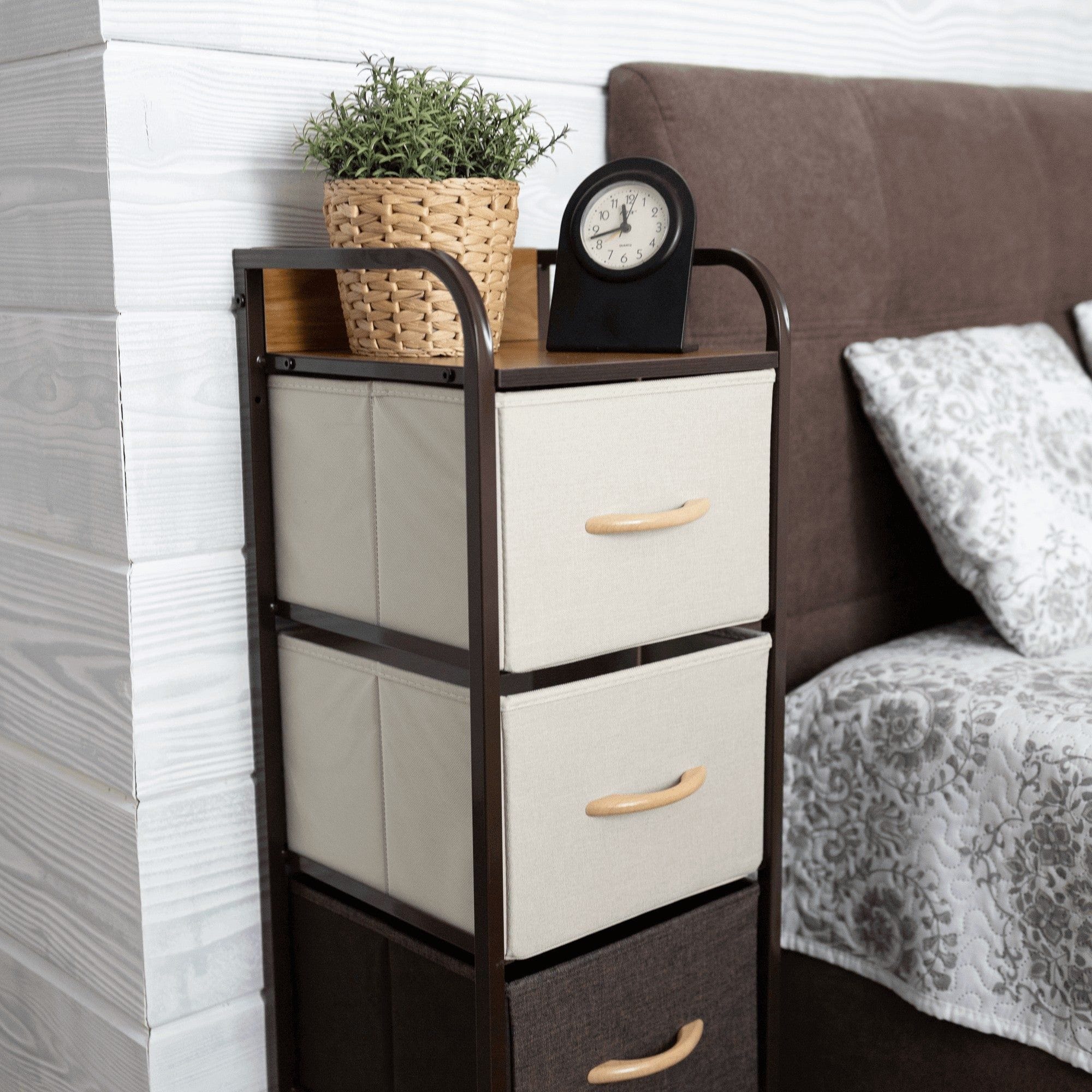 Comoda HAZEL TYP 1, bej/maro, MDF/metal/lemn/material textil, 31x29x99 cm