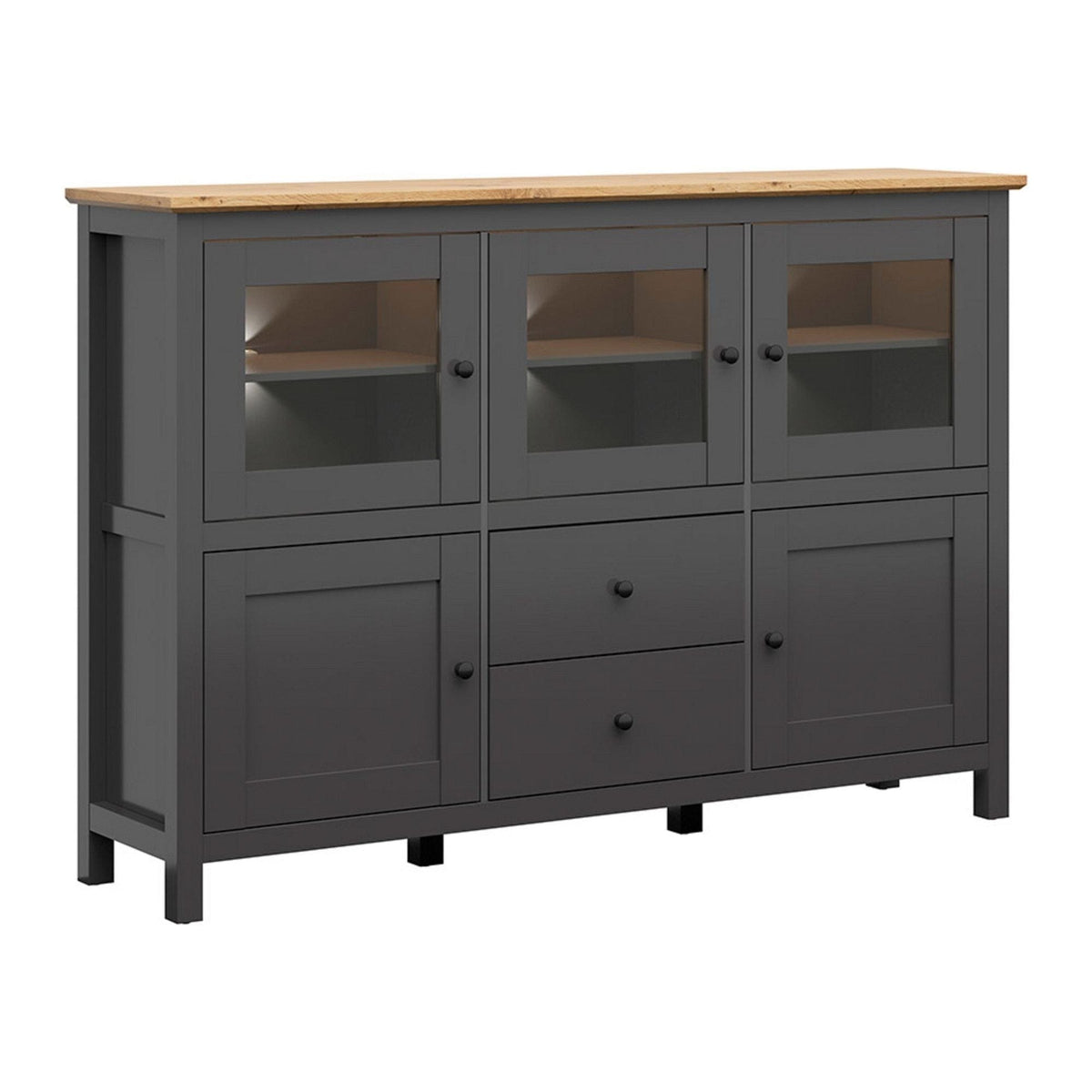 Comoda HESEN, gri grafit/stejar artisan, PAL melaminat/sticla, cu iluminare LED, 186x44x126 cm