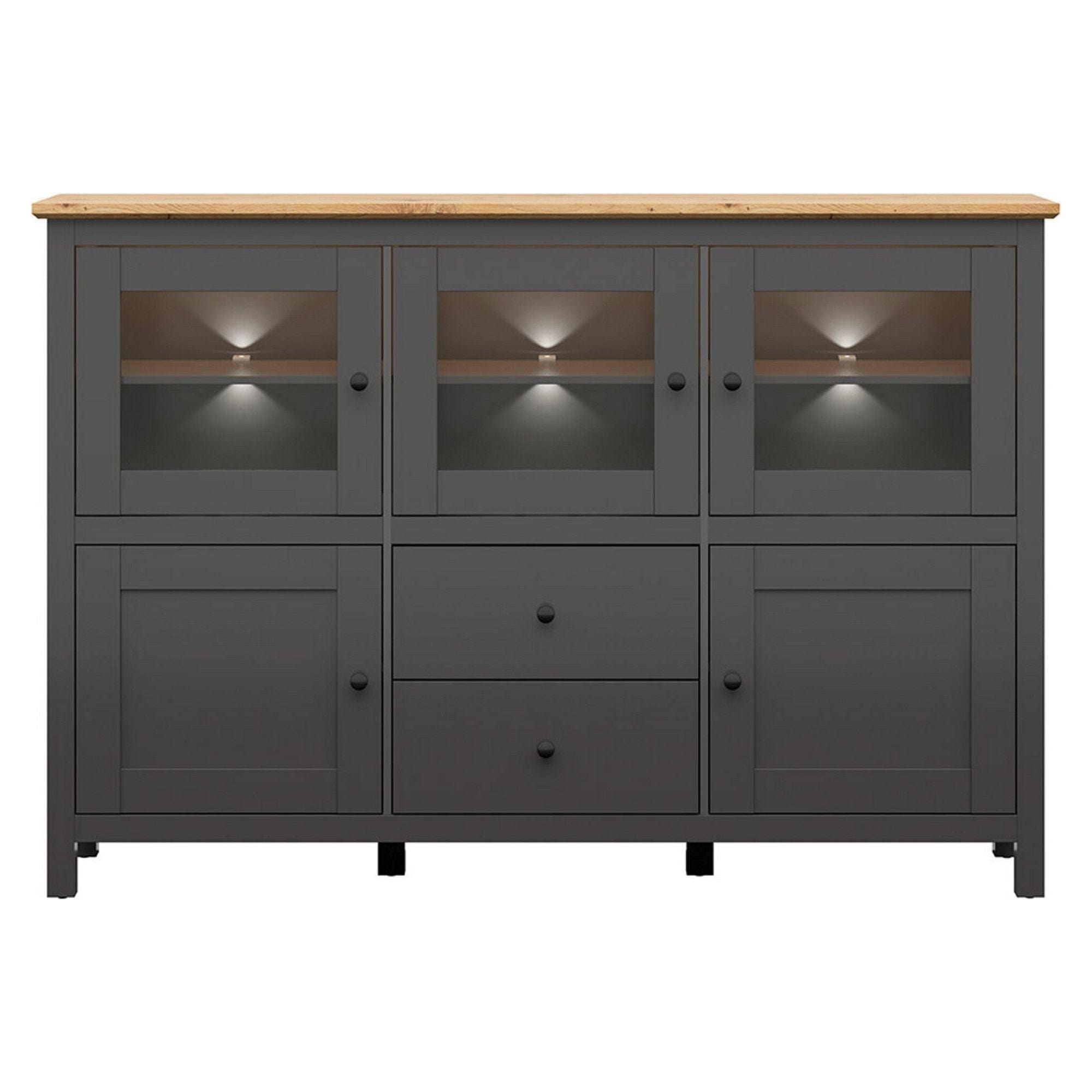 Comoda HESEN, gri grafit/stejar artisan, PAL melaminat/sticla, cu iluminare LED, 186x44x126 cm