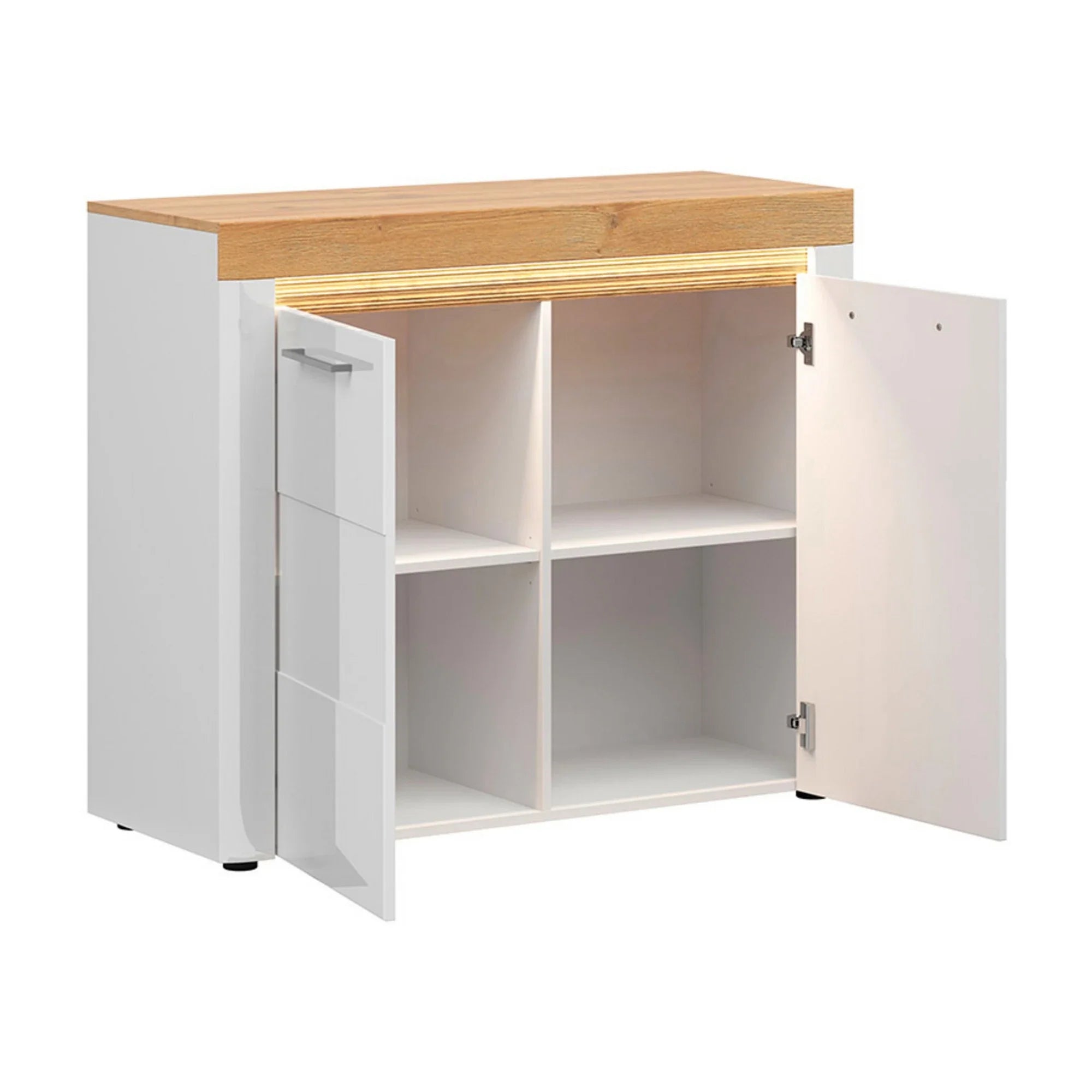 Comoda HORTON, alb/stejar grandson, PAL, cu iuminare LED, 107x42x90 cm