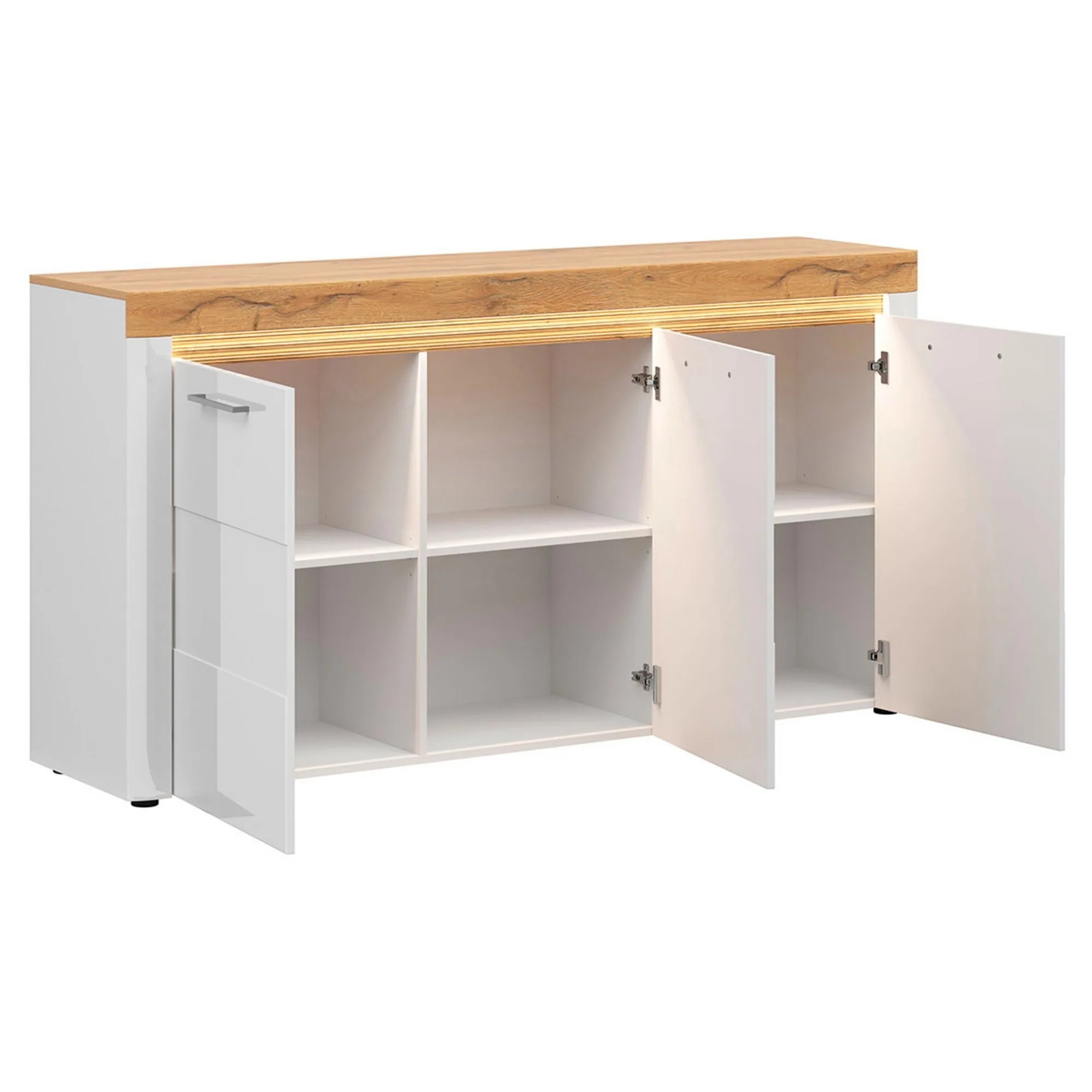 Comoda HORTON, alb/stejar grandson, PAL laminat, cu iluminare LED, 170x42x90 cm