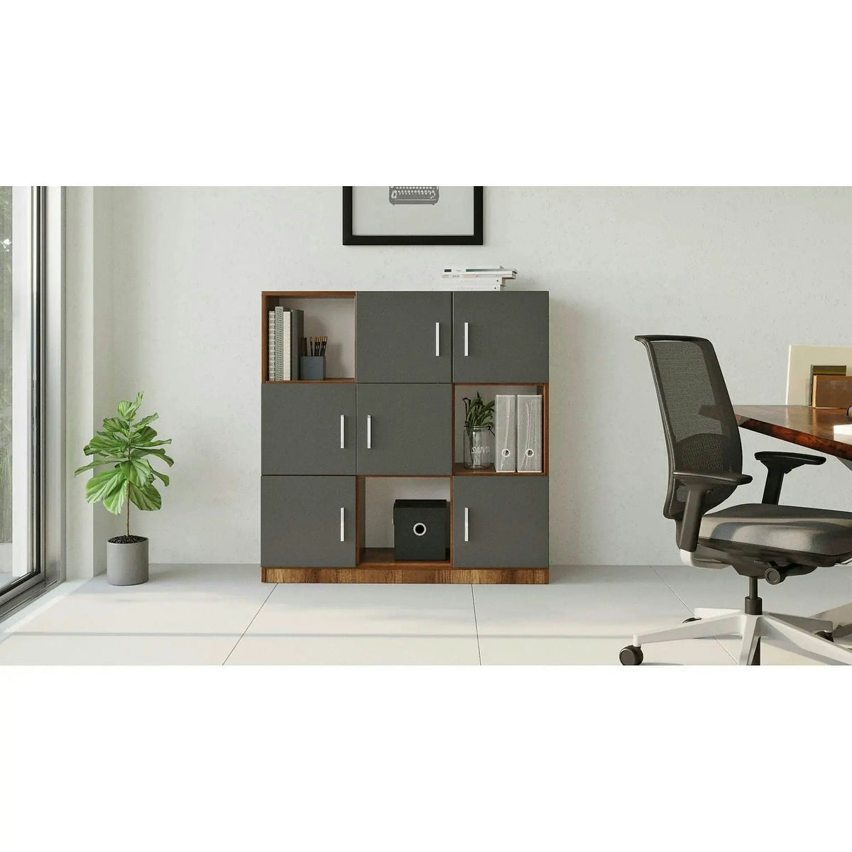 Comoda inalta VO7 - BA, gri/nuc, PAL melaminat, 120x38x122 cm