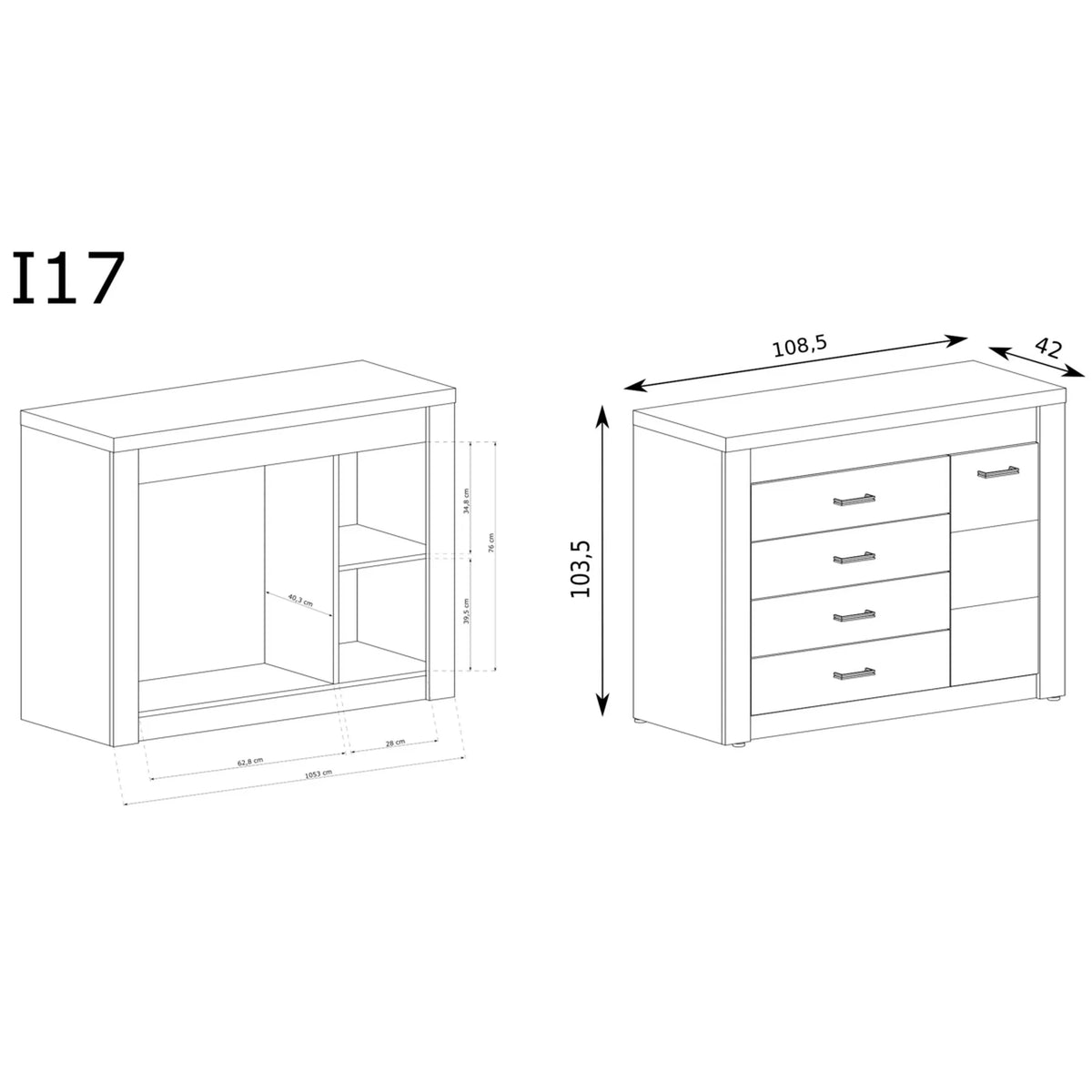 Comoda INDIANAPOLIS I17, stejar craft alb, PAL laminat, cu 4 sertare, o usa si iluminare led, 108.5x42x103.5 cm