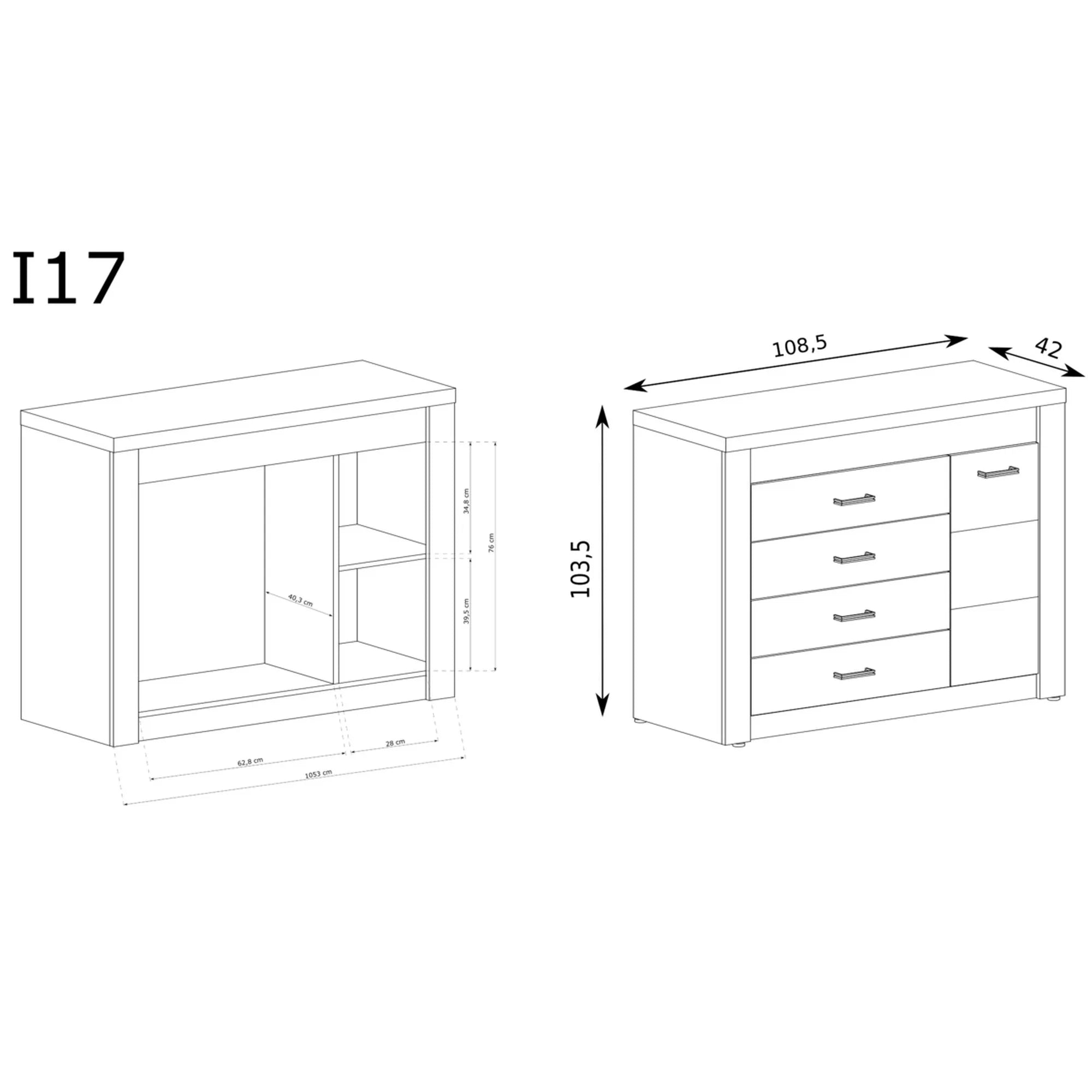 Comoda INDIANAPOLIS I17, stejar craft alb, PAL laminat, cu 4 sertare, o usa si iluminare led, 108.5x42x103.5 cm