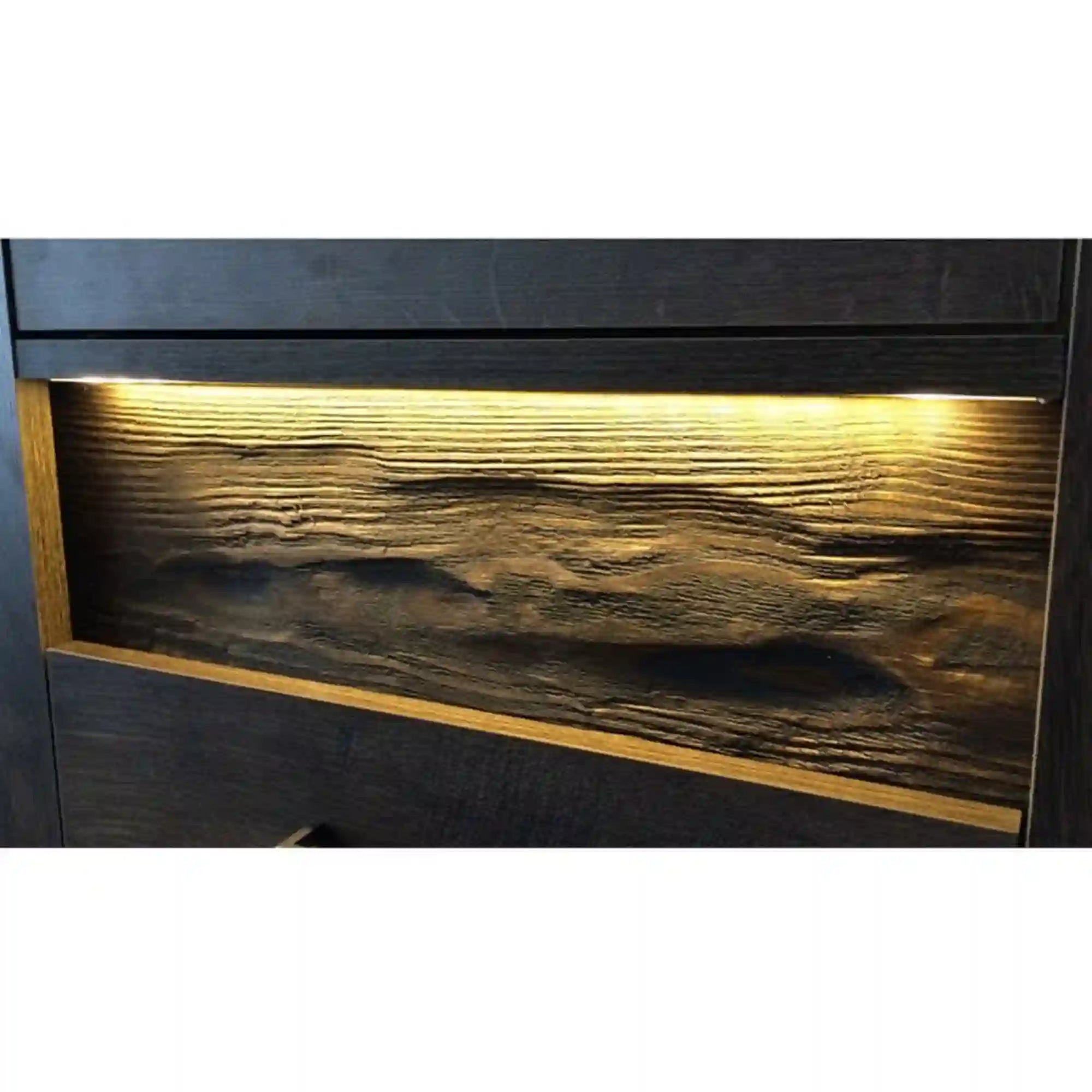 Comoda INDIANAPOLIS I6, frasin inchis, PAL laminat, cu 2 sertare, 2 usi si iluminare led, 76x42x127 cm