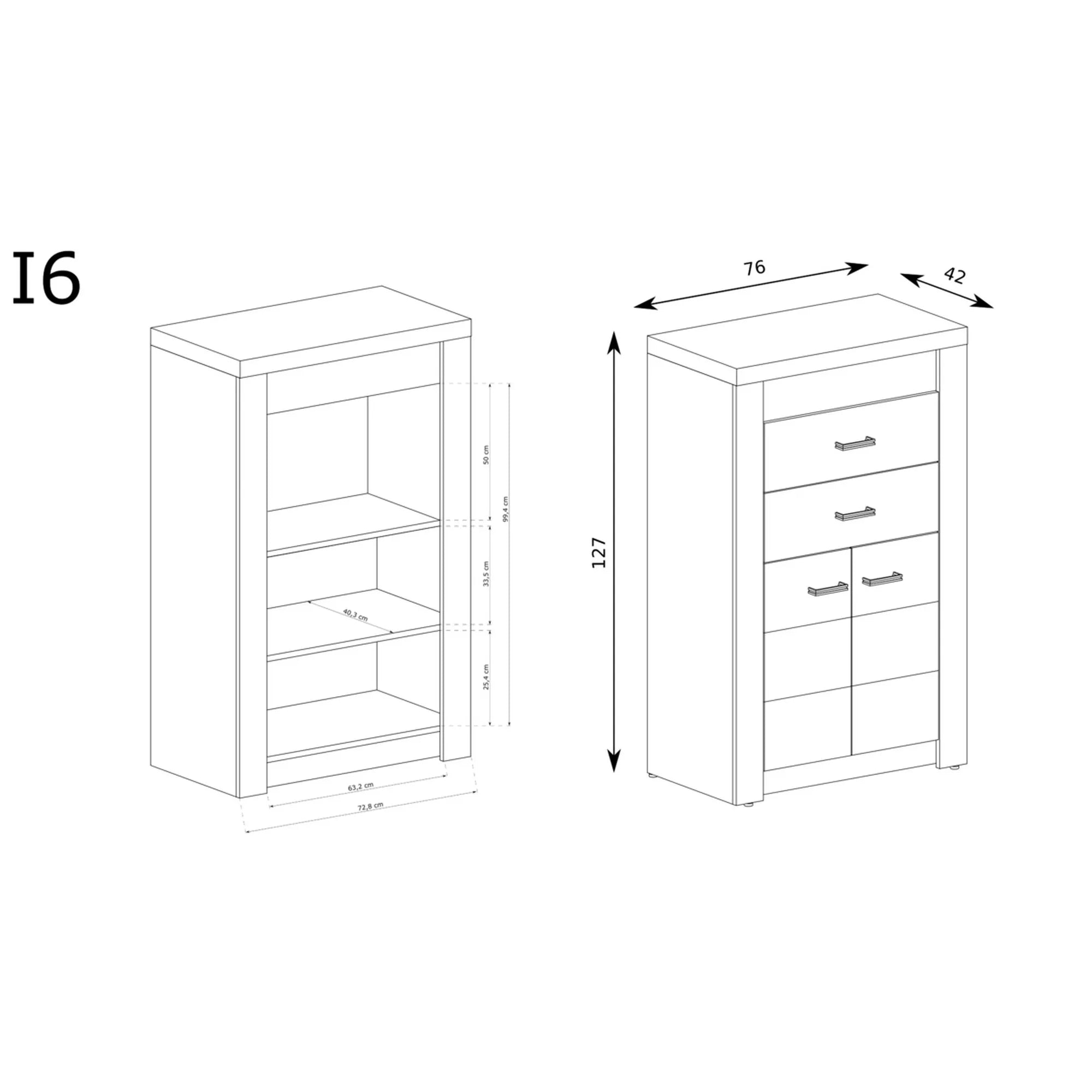 Comoda INDIANAPOLIS I6, frasin inchis, PAL laminat, cu 2 sertare, 2 usi si iluminare led, 76x42x127 cm